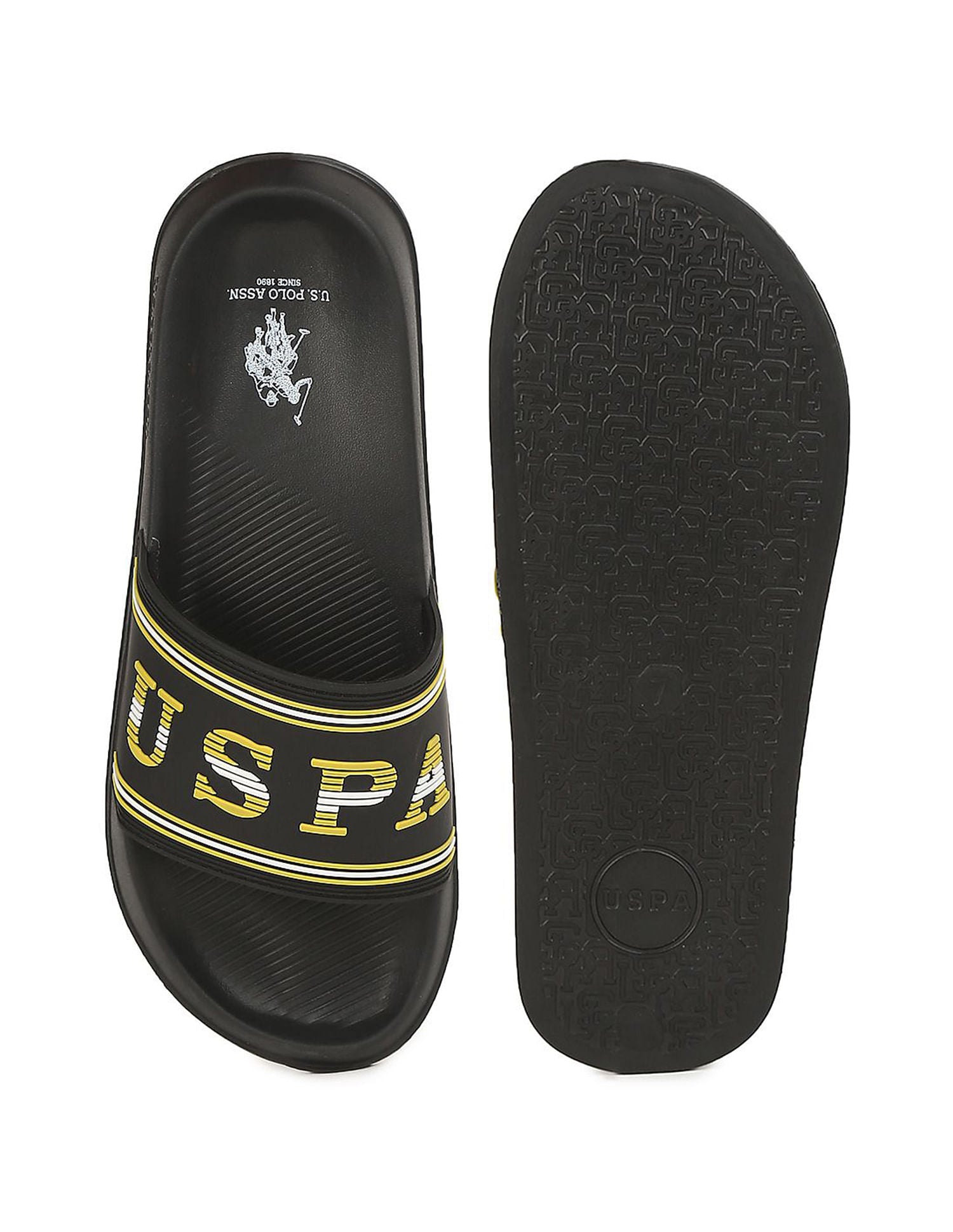 Men Embossed Logo Non-Skid Lightweight Nordin Slides Black - U.S. Polo Assn. India | Large