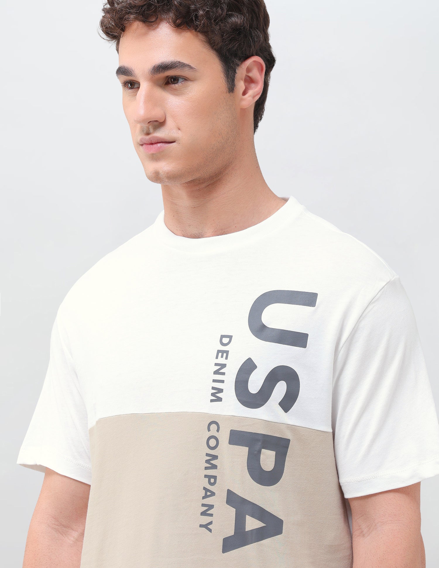 Colourblocked Brand Printed Regular Fit T-Shirt Ivory - U.S. Polo Assn. India | Large