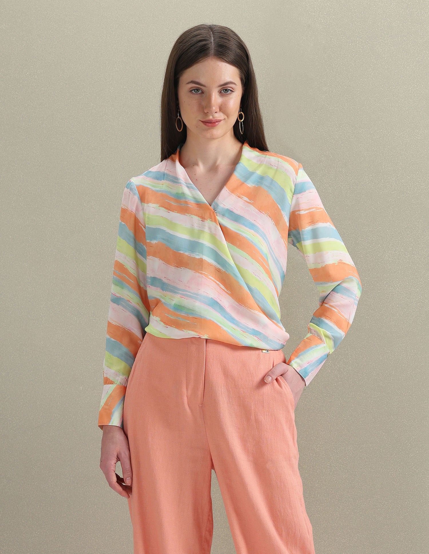 Abstract Print Satin Wrap Top Orange, Pink and Blue - U.S. Polo Assn. India | Large