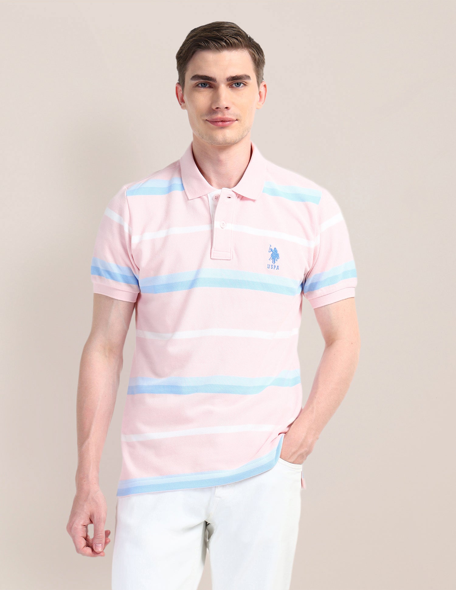 Horizontal Striped Slim Fit Polo Shirt Light-Pink - U.S. Polo Assn. India | Large