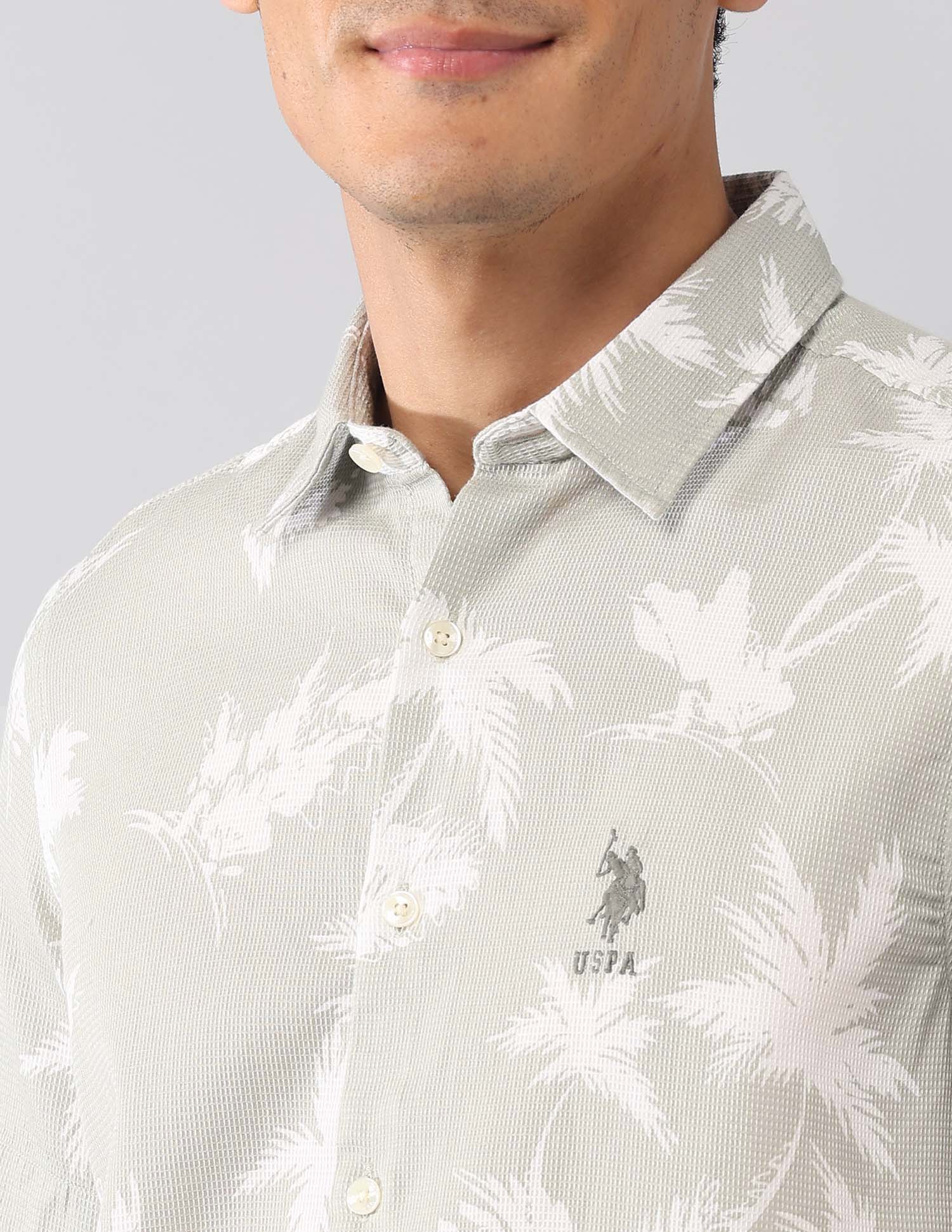 Tropical Printed Dobby Regular Fit Shirt Light Green - U.S. Polo Assn. India | Large