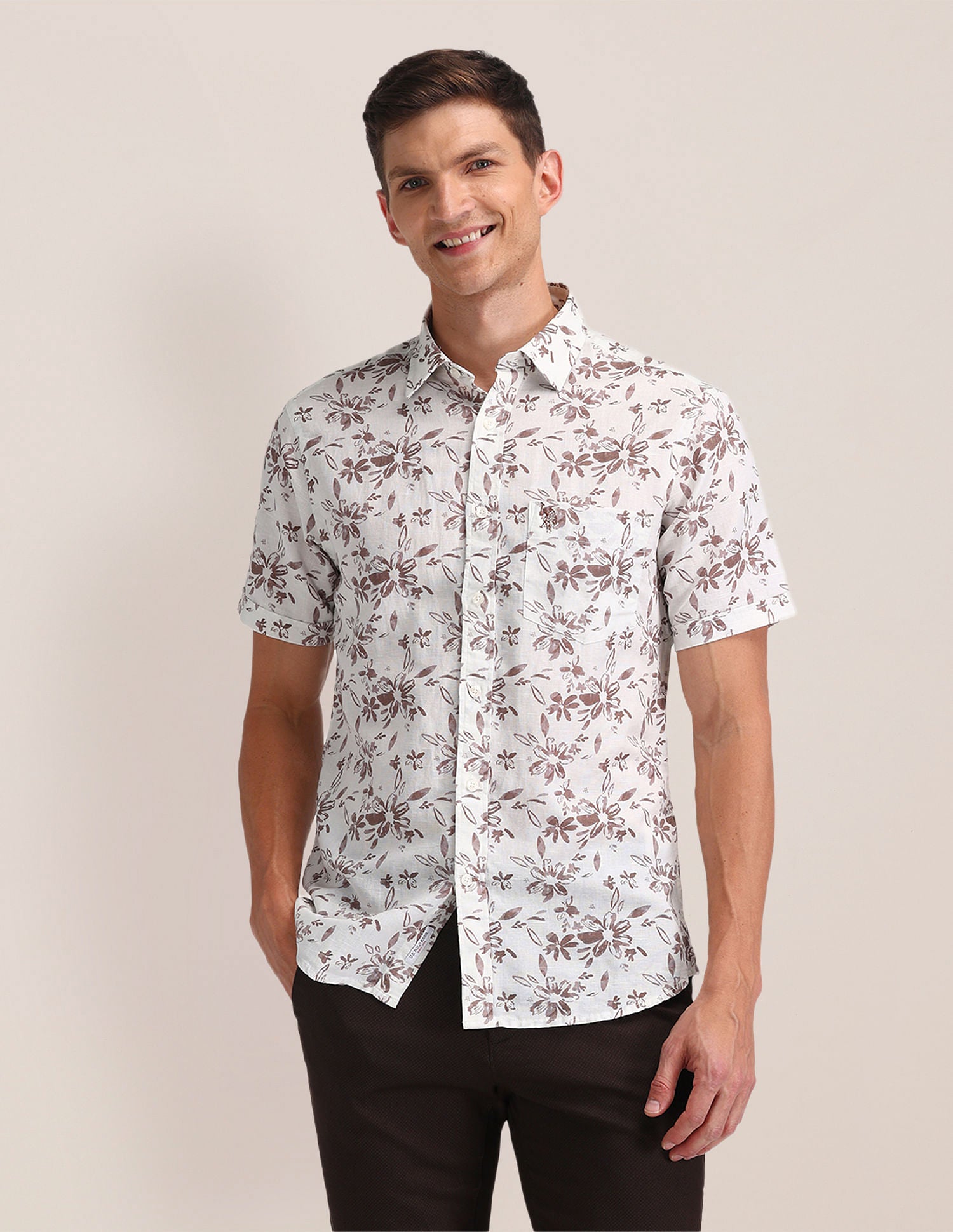 Tailored Fit Printed Shirt Beige - U.S. Polo Assn. India | Large