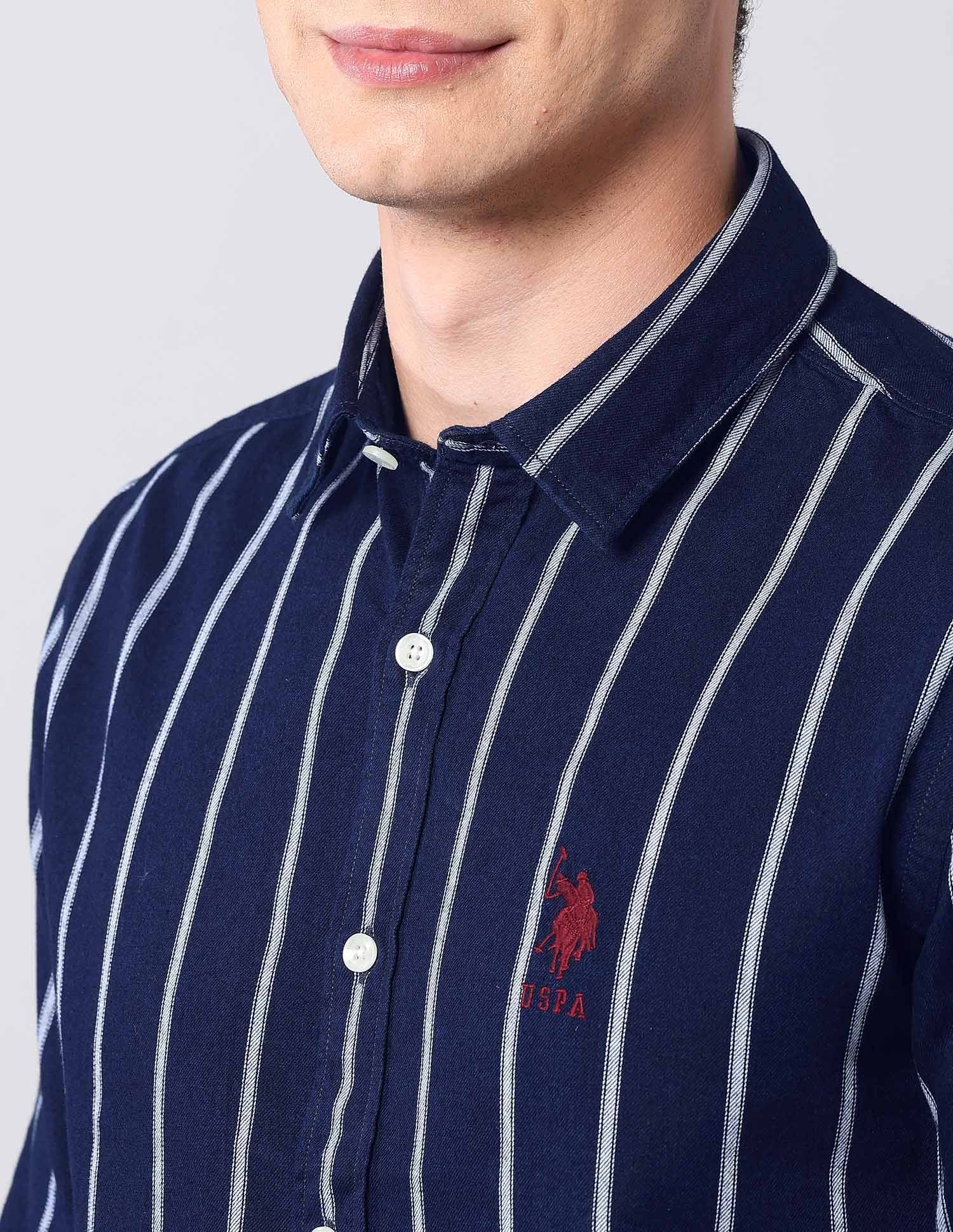 Vertical Striped Pure Cotton Shirt Indigo - U.S. Polo Assn. India | Large