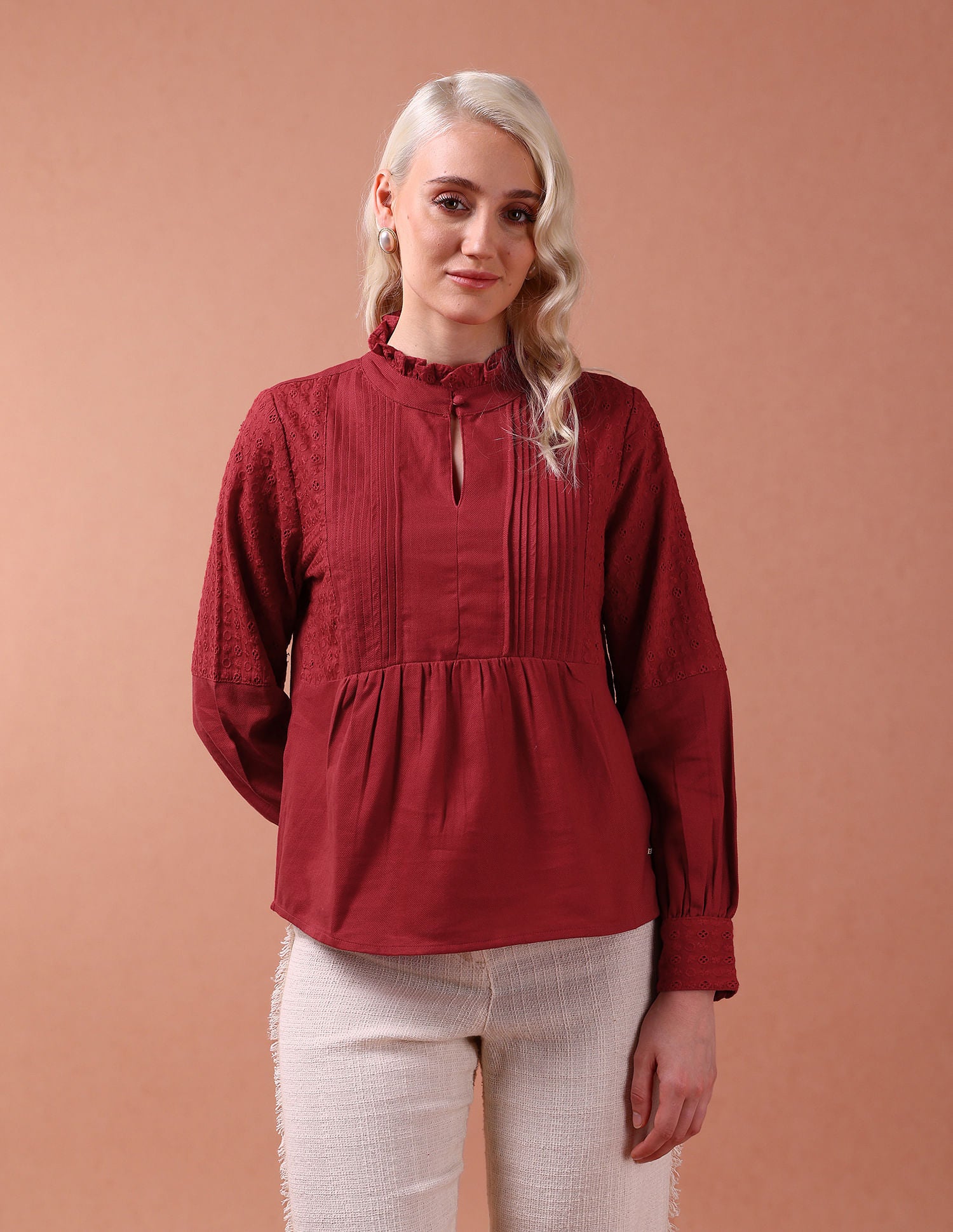 Front Pleat Ruffle Neck Top Rust - U.S. POLO ASSN. | Large