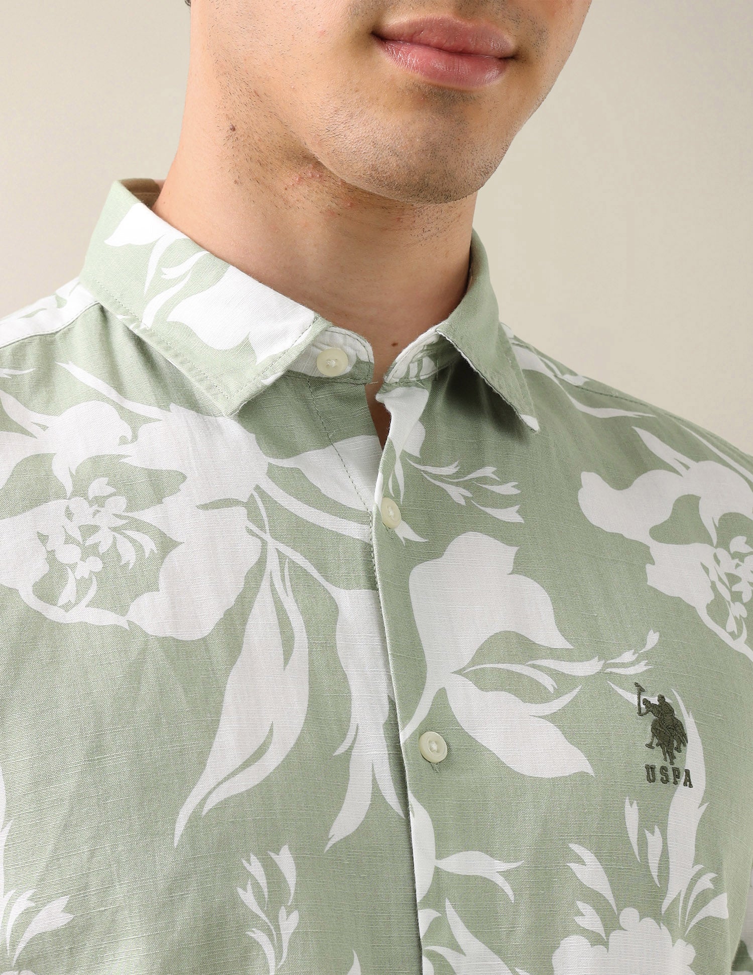Floral Printed Cotton Linen Shirt Light Green - U.S. Polo Assn. India | Large