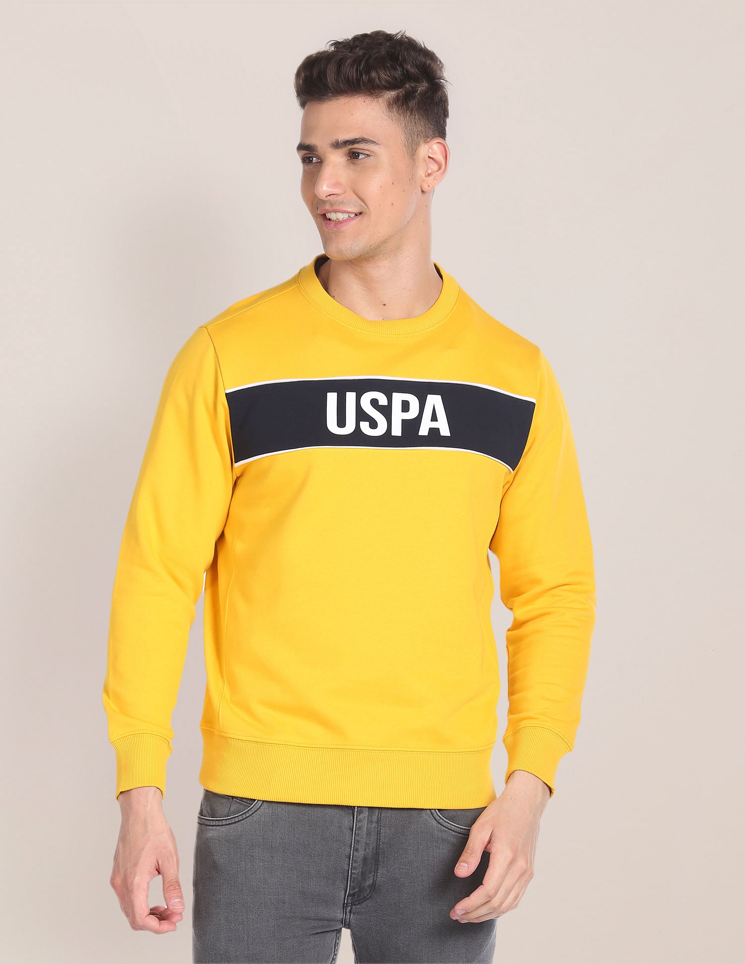 Crew Neck Brand Print Sweatshirt Yellow - U.S. POLO ASSN. | Large