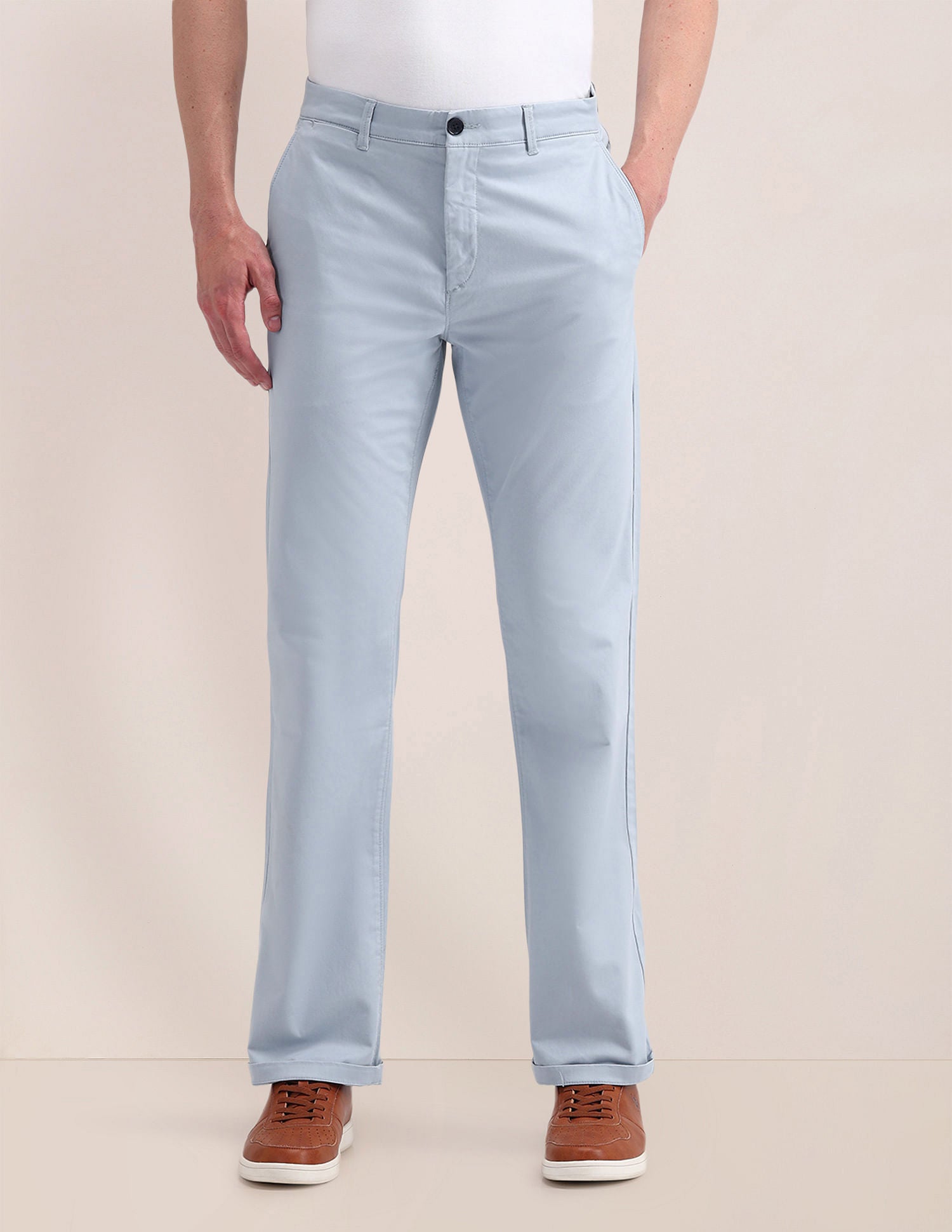 Riley Straight Fit Solid Trousers Light-Blue - U.S. Polo Assn. India | Large