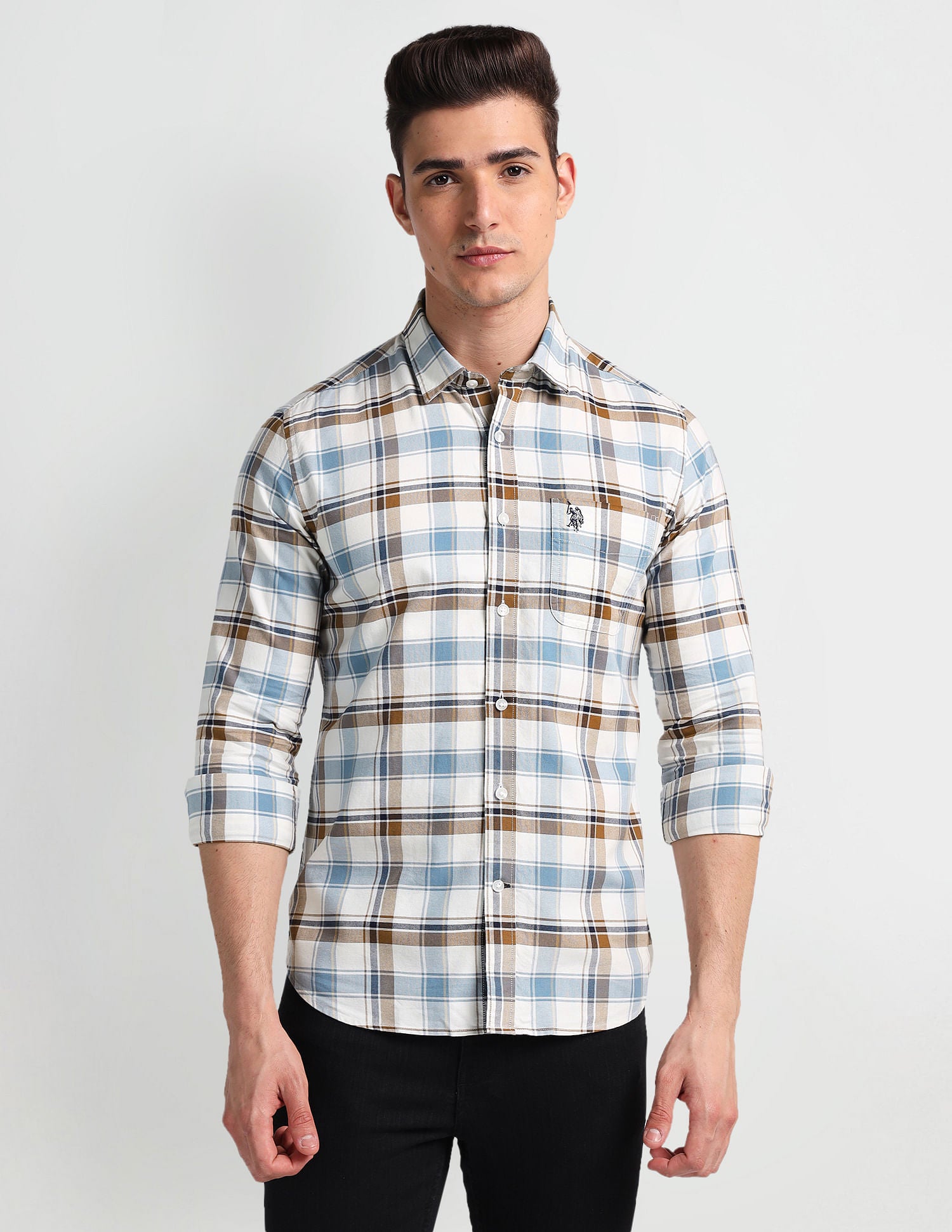 Tartan Check Oxford Shirt White, Blue and Brown - U.S. Polo Assn. India | Large