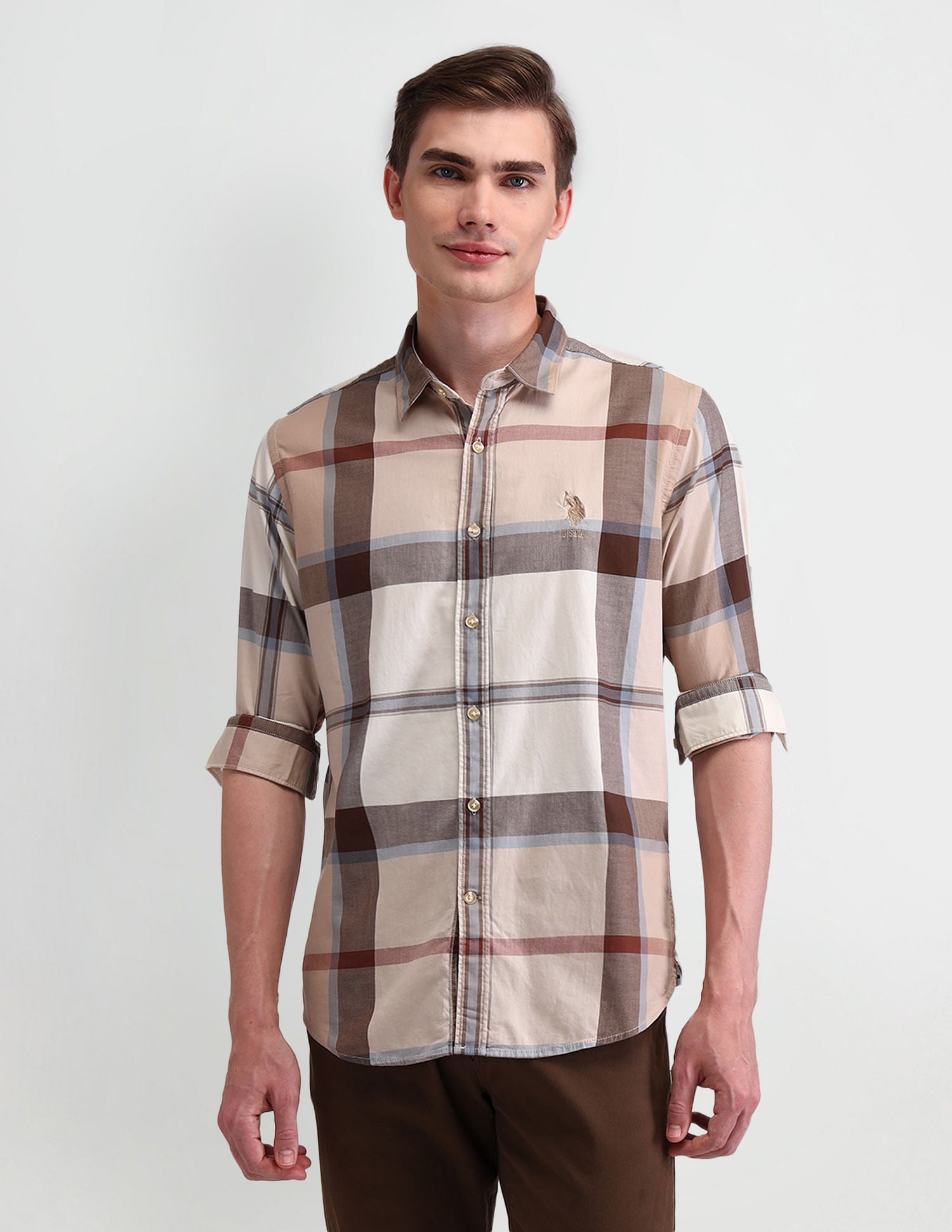 Grid Tattersall Checked Slim Fit Shirt Beige - U.S. Polo Assn. India | Large