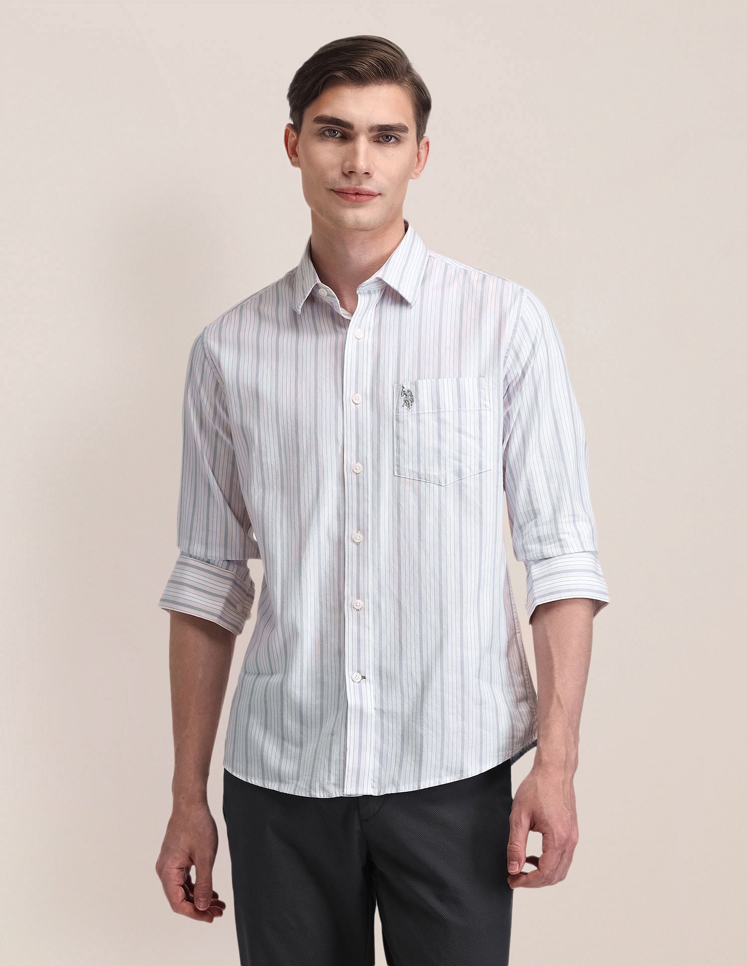 Vertical Striped Tailored Fit Shirt Light Pink and Grey - U.S. Polo Assn. India | Large