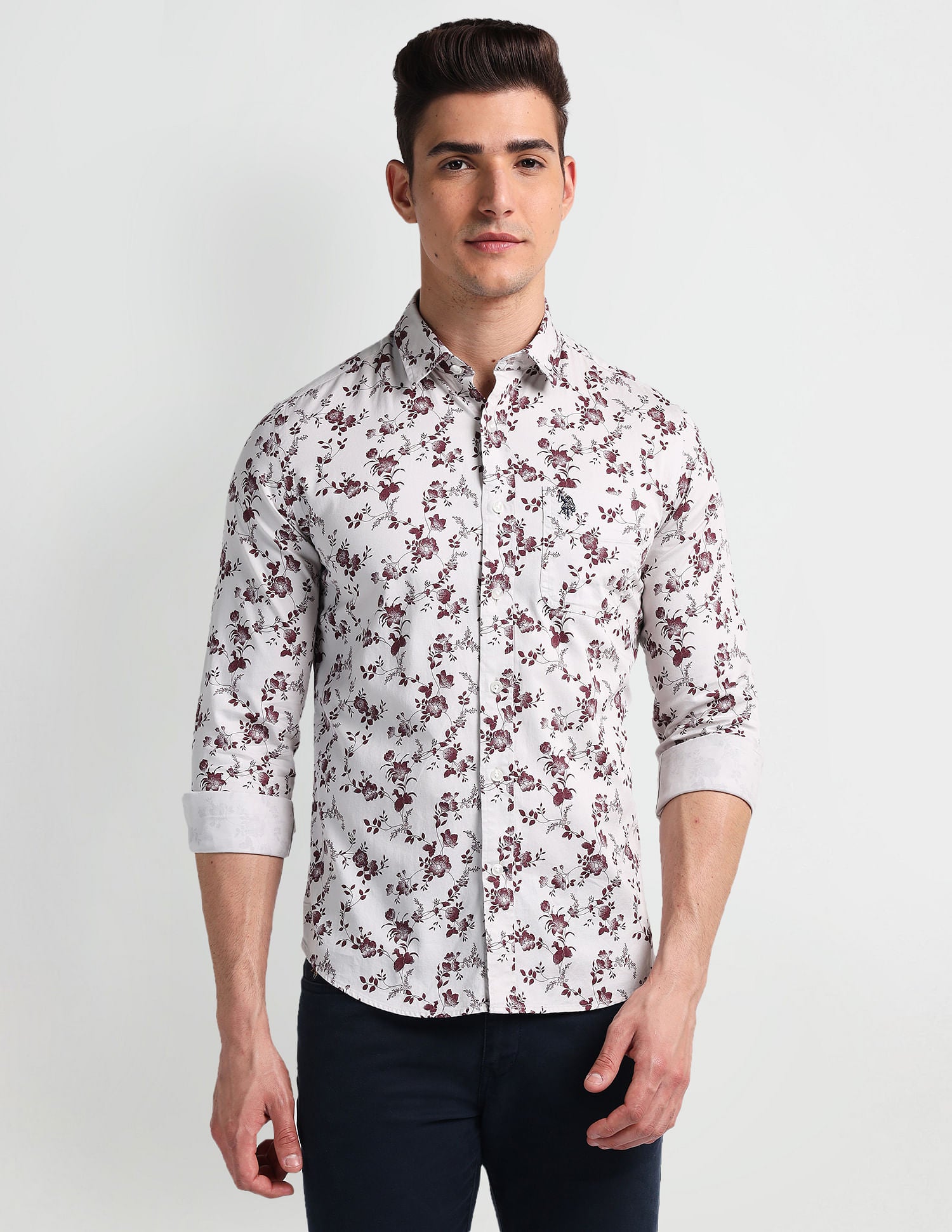 Floral Print Twill Shirt White and Maroon - U.S. Polo Assn. India | Large