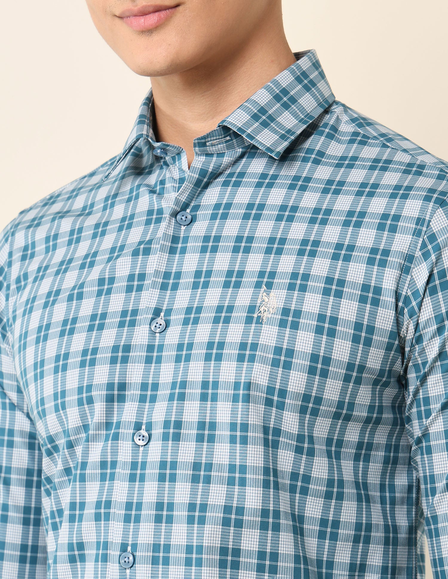 Tailored Fit Plaid Checked Shirt Teal - U.S. Polo Assn. India | Large