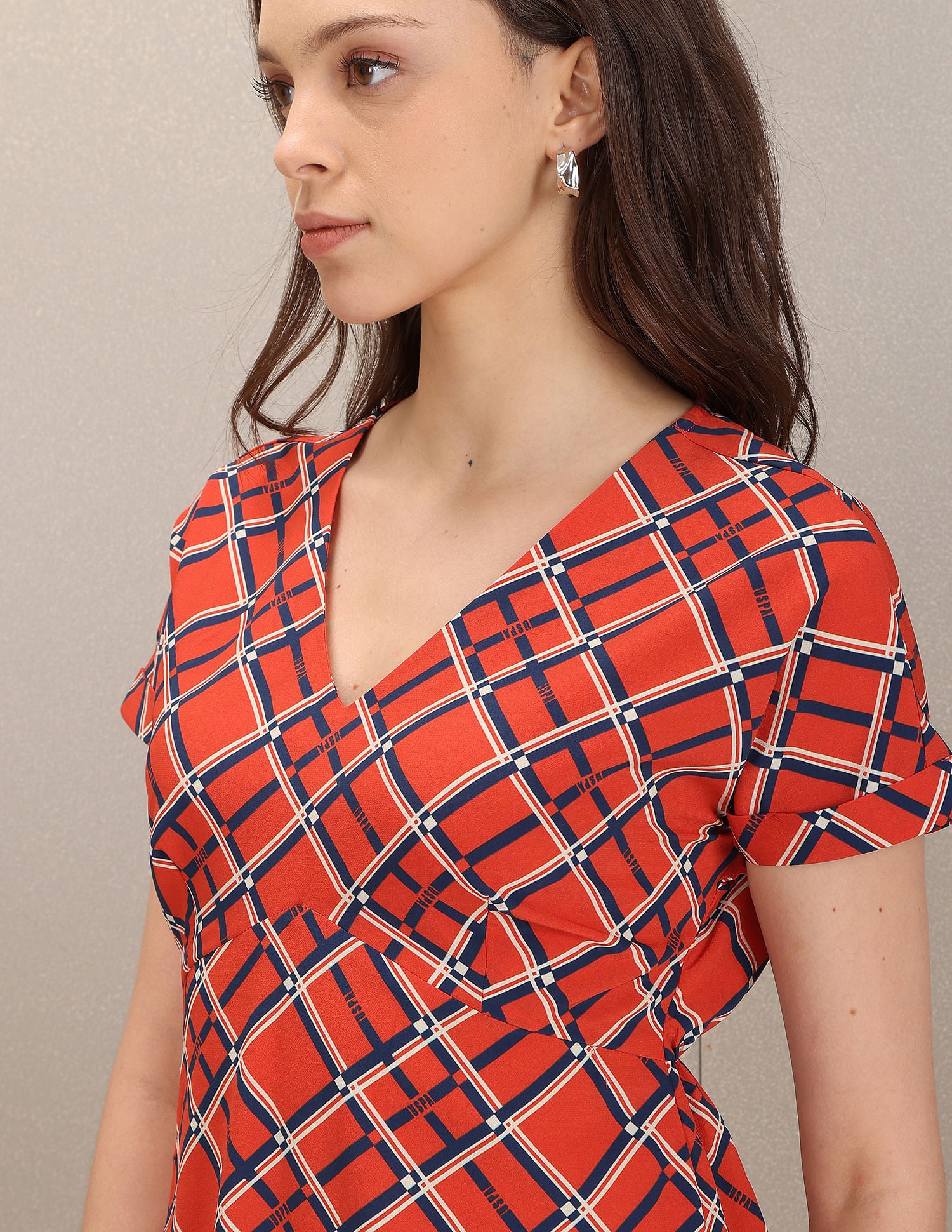 V-Neck Geometric Print Empire Waist Dress Rust - U.S. Polo Assn. India | Large