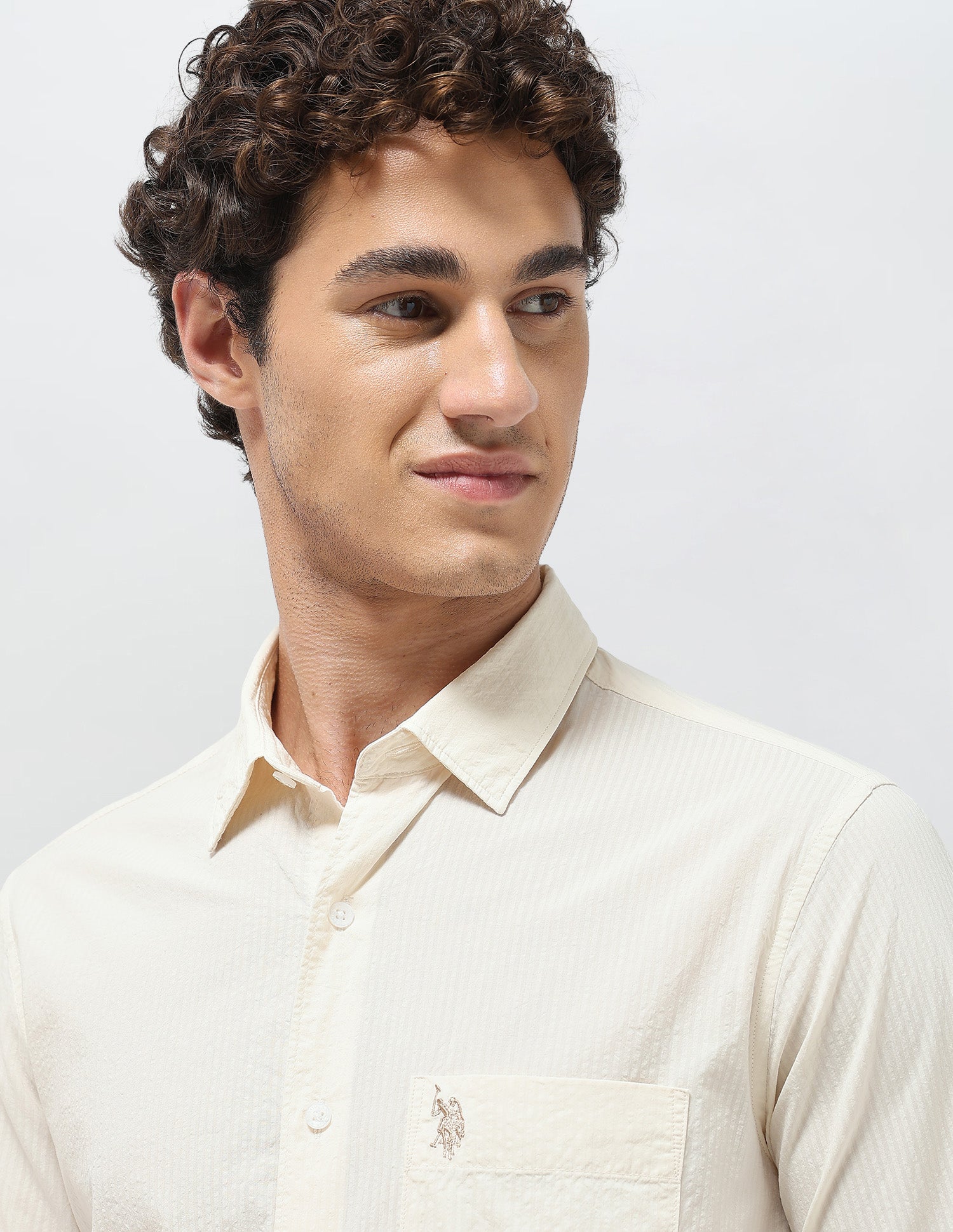 Regular Fit Seersucker Shirt Ivory - U.S. Polo Assn. India | Large