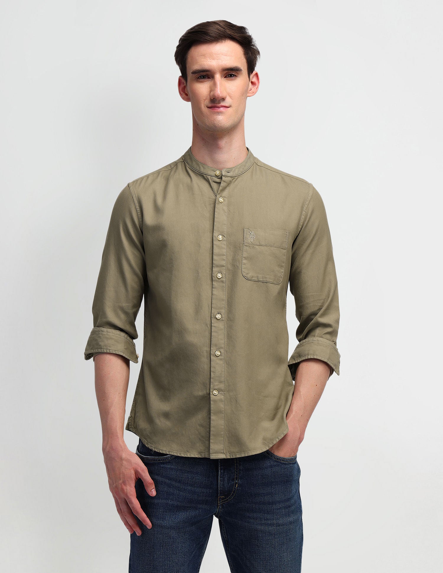 Solid Slim Fit Shirt Khaki - U.S. Polo Assn. India | Large