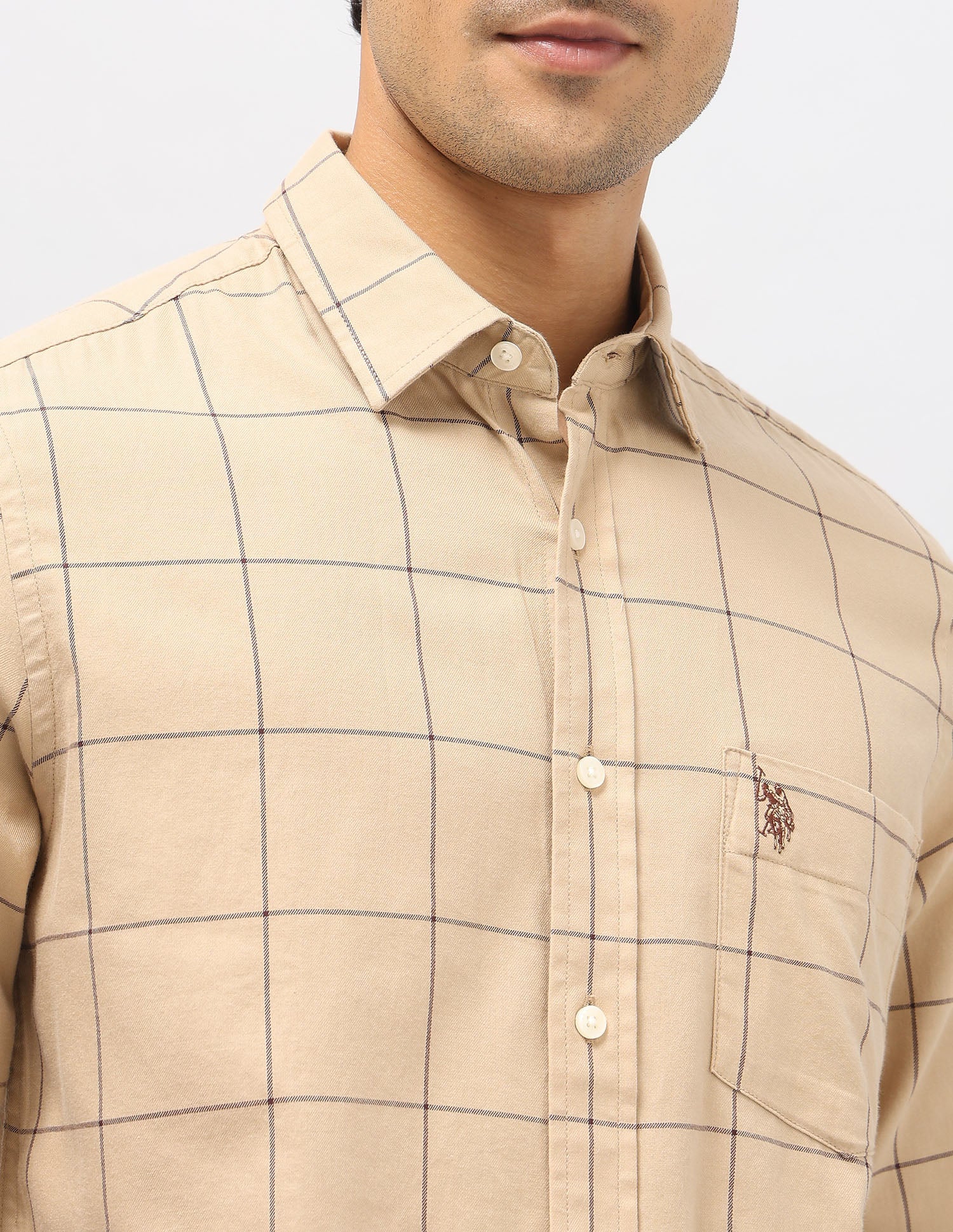 Windowpane Checked Pure Cotton Shirt Dark Beige - U.S. Polo Assn. India | Large