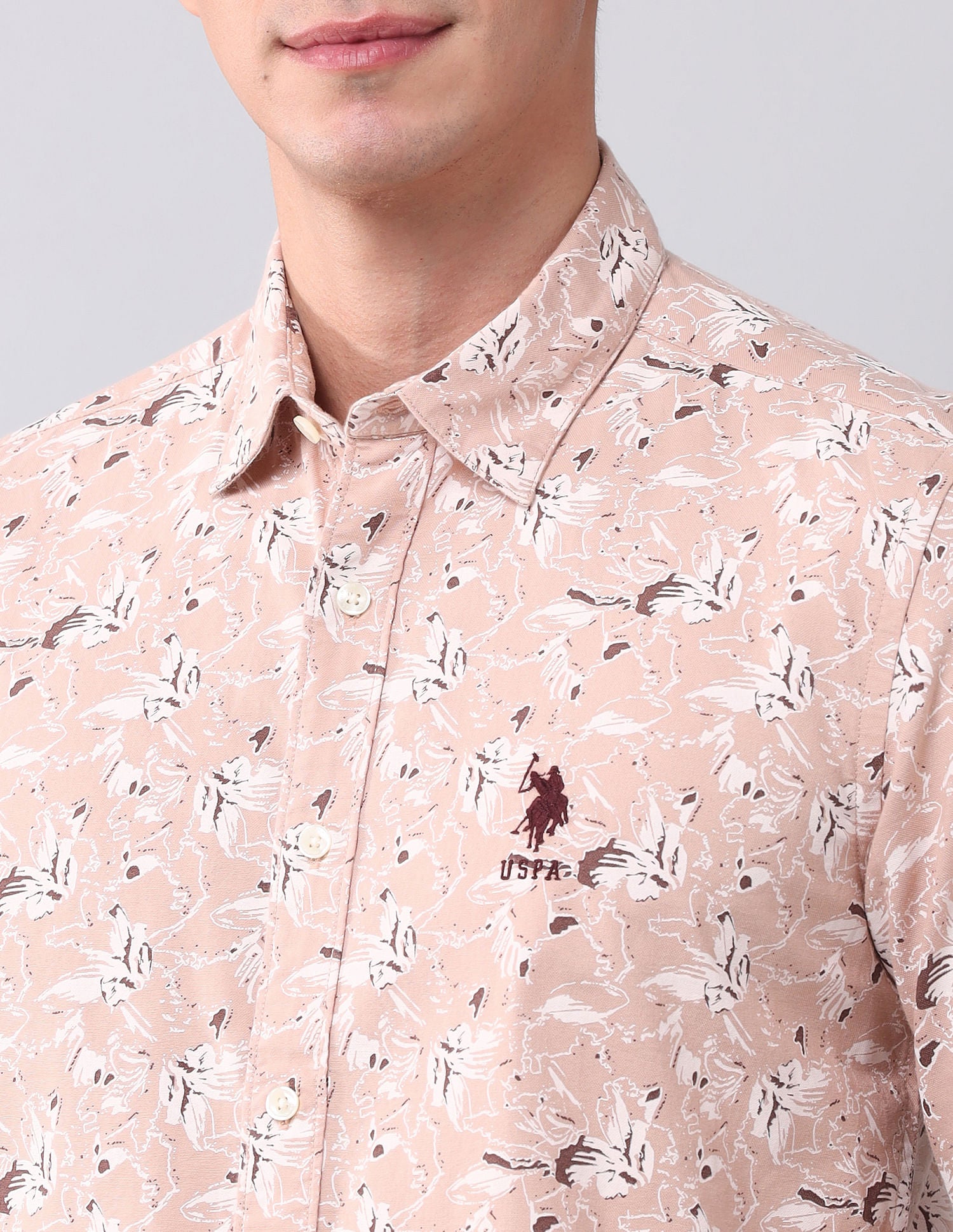 Regular Fit Dobby Printed Shirt Light Brown - U.S. POLO ASSN. | Large