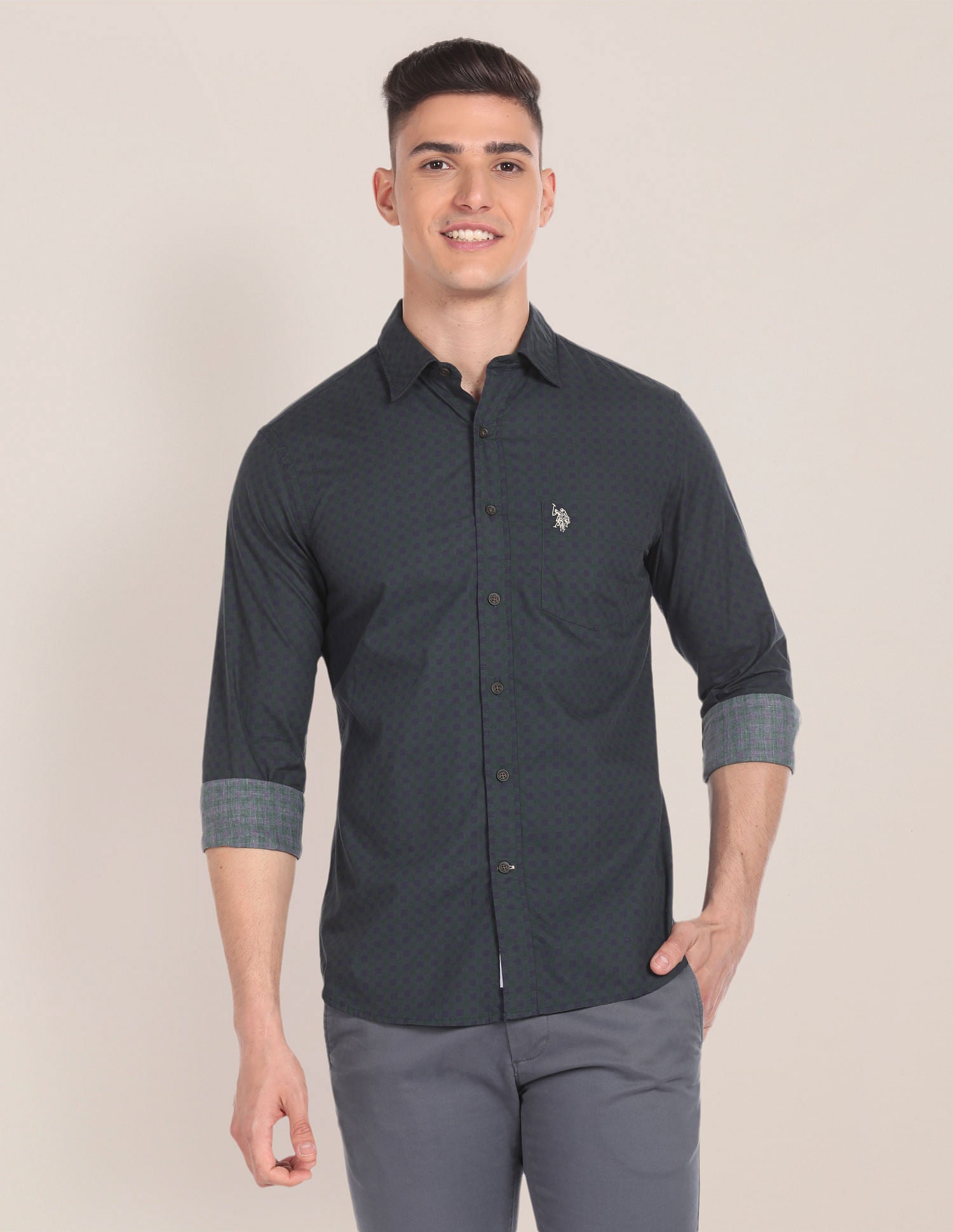Spread Collar Check Shirt Green - U.S. POLO ASSN. | Large