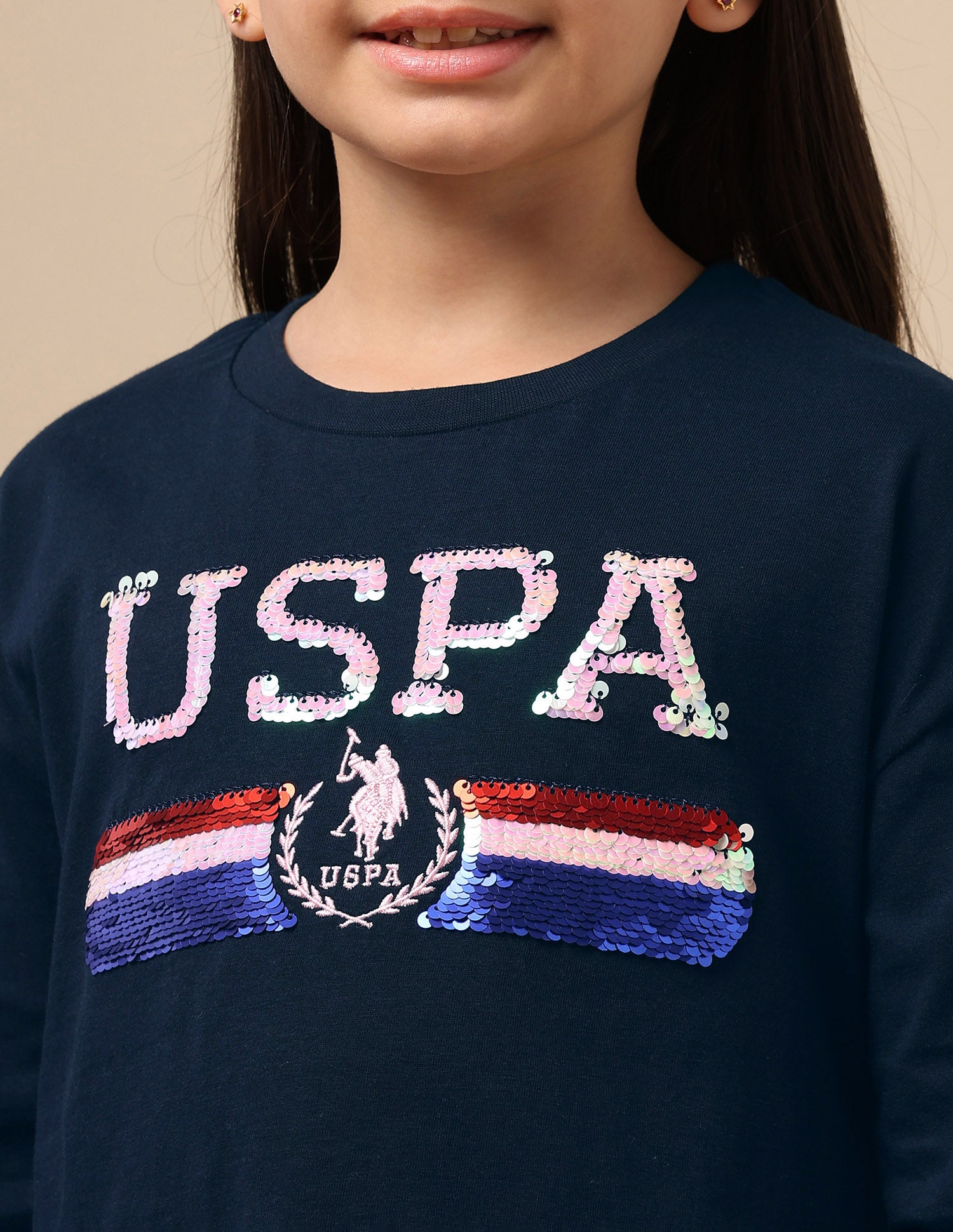Girls Flip Sequin Cotton T-Shirt Navy - U.S. Polo Assn. India | Large
