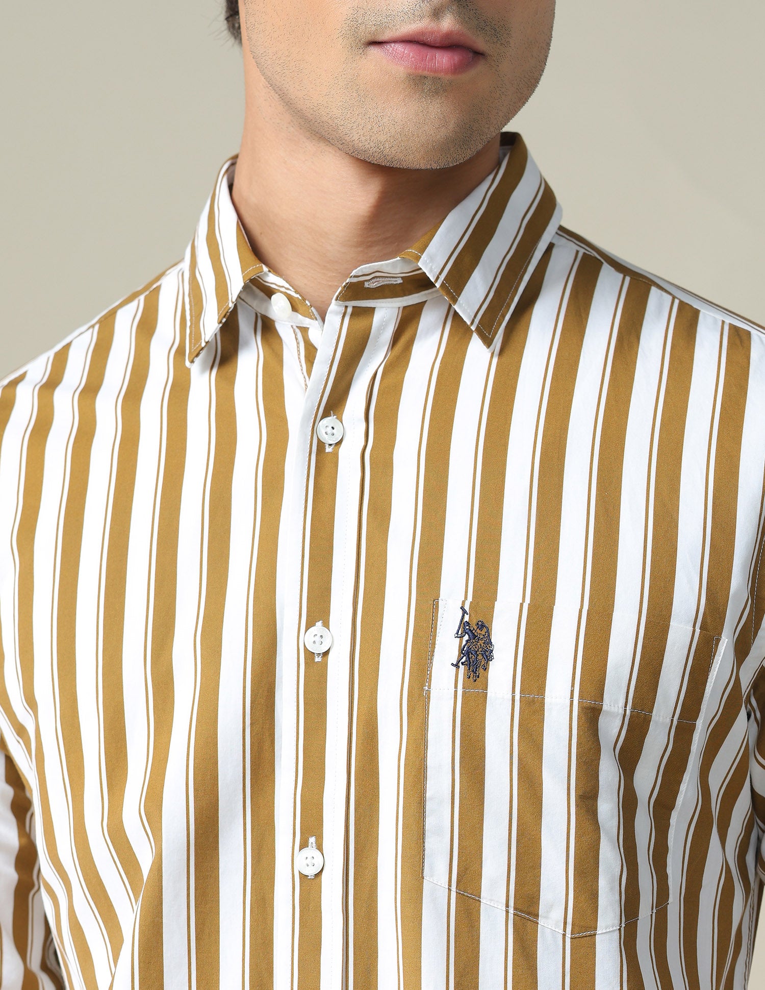 Vertical Stripe Cotton Shirt Ochre and White - U.S. POLO ASSN. | Large