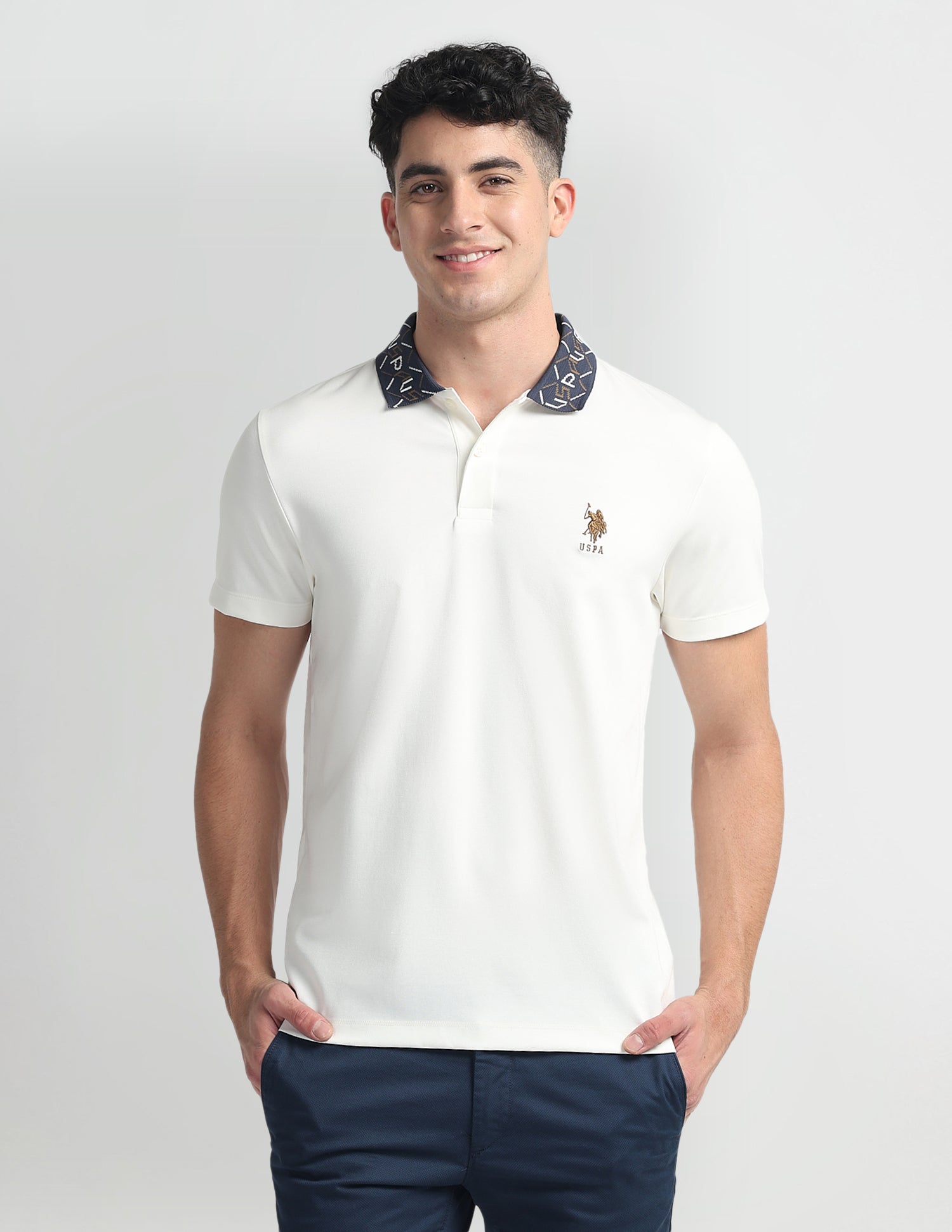 Printed Collar Muscle Fit Polo Shirt Ivory - U.S. Polo Assn. India | Large
