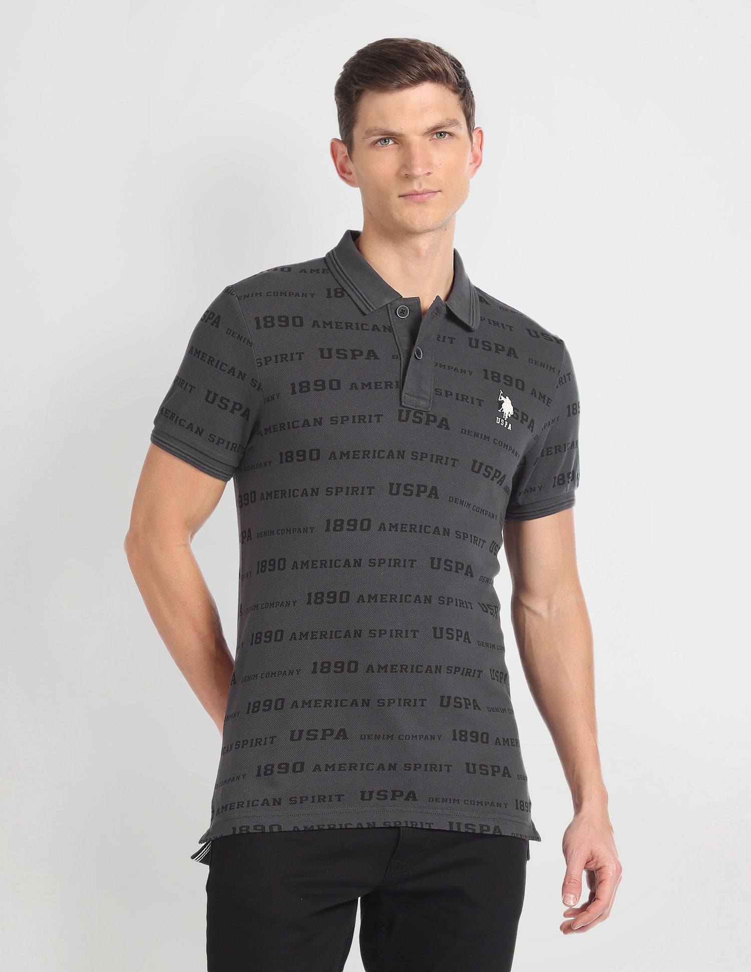 Brand Print Pique Polo Shirt Charcoal - U.S. Polo Assn. India | Large