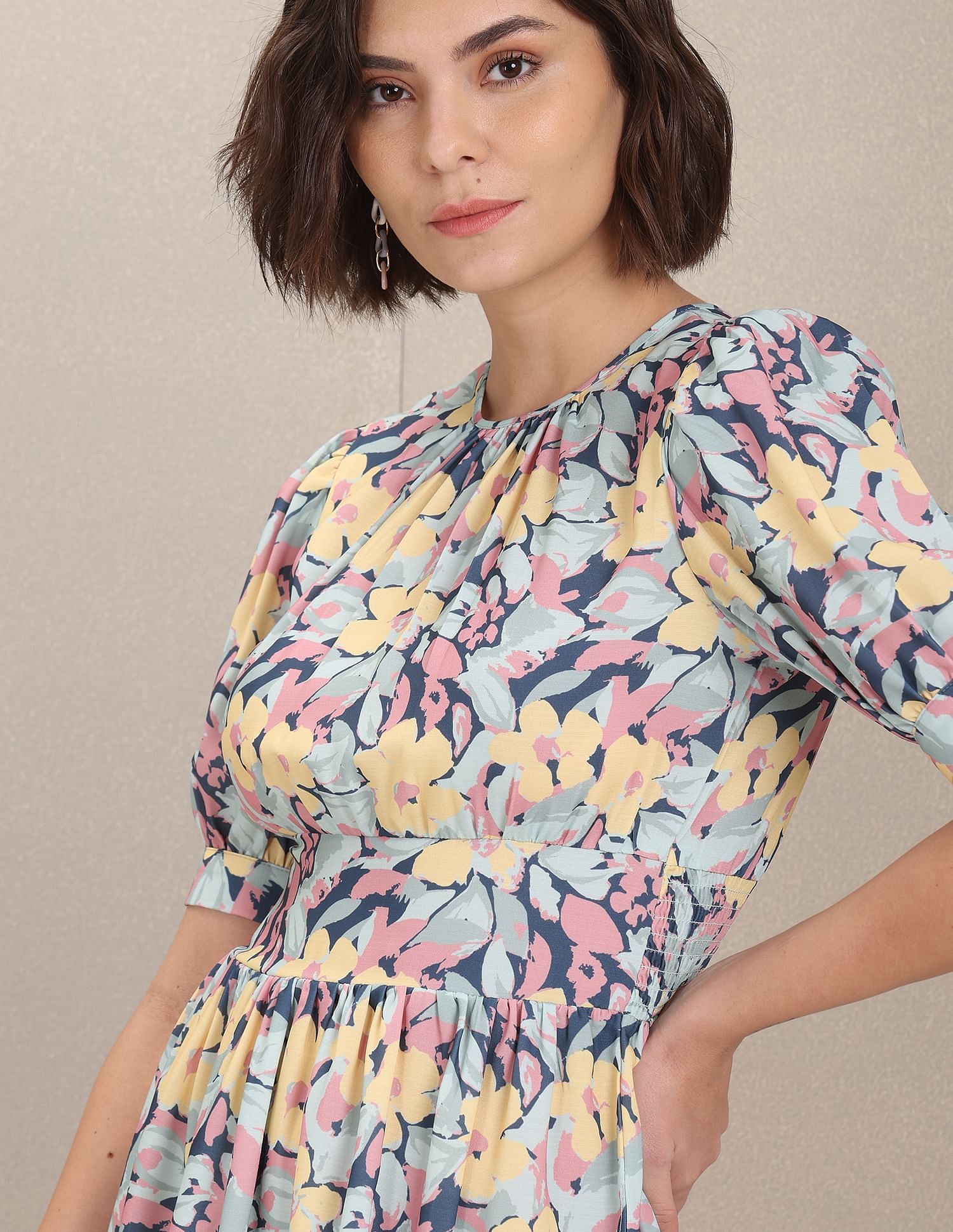 Puffed Sleeve Floral Fit And Flare Dress Aqua - U.S. POLO ASSN. | Large