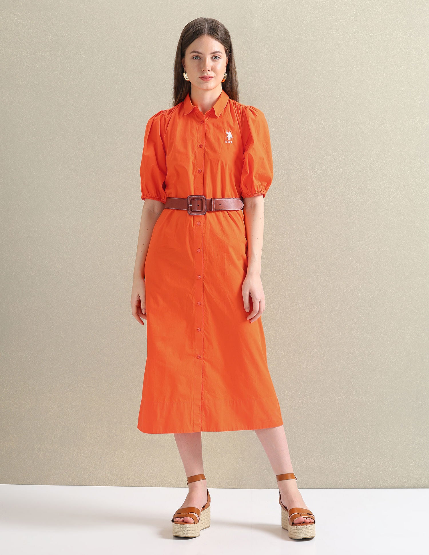 Pure Cotton Relaxed Shirt Dress Orange - U.S. POLO ASSN. | Large