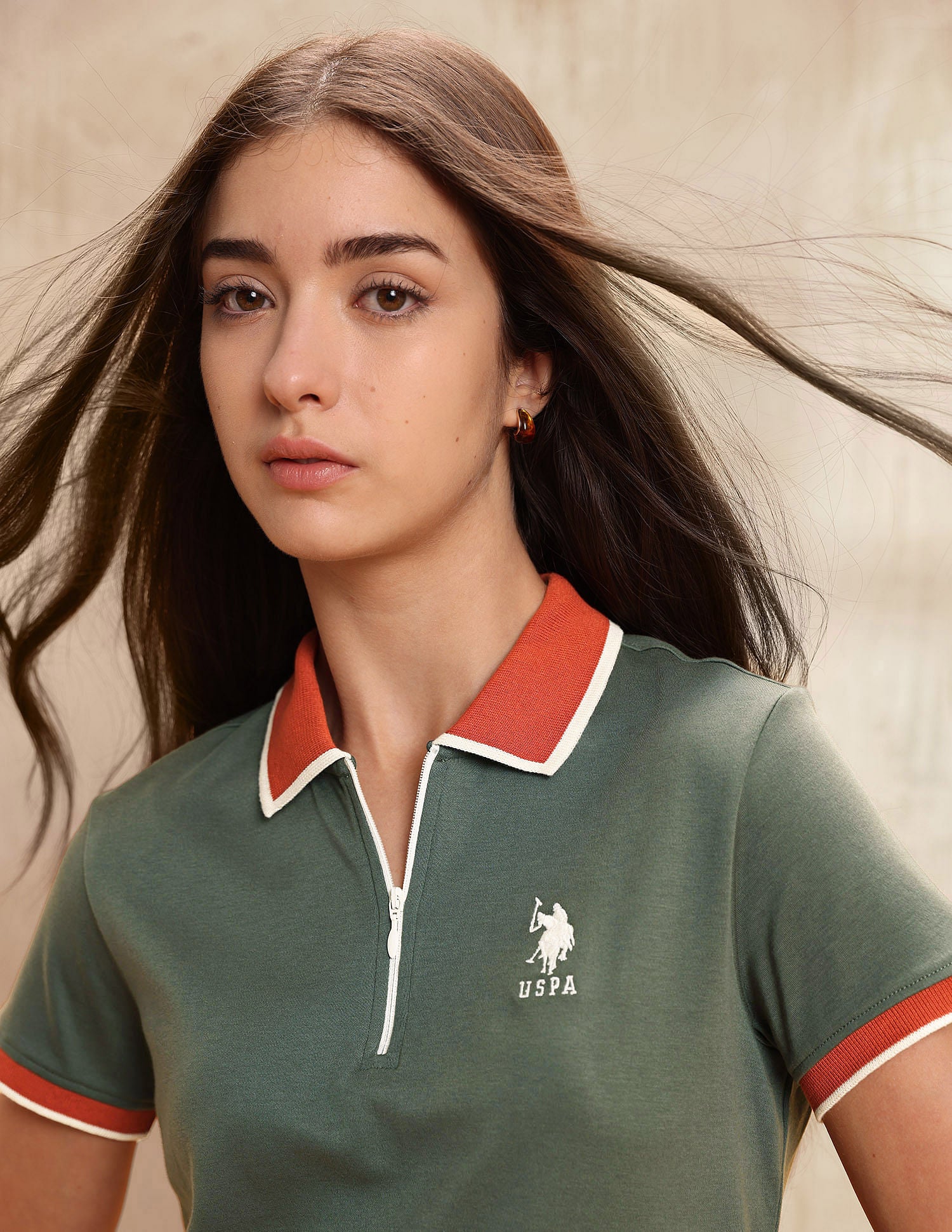 Polo Collar Cotton Tshirt With Zip Dk-olive - U.S. POLO ASSN. | Large