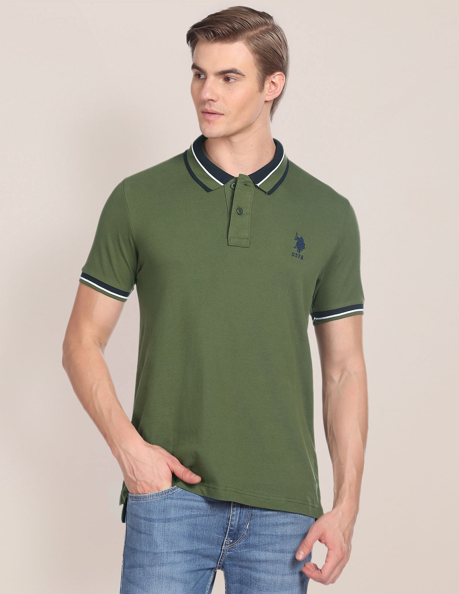 Striped Collar Slim Fit Polo Shirt Olive - U.S. Polo Assn. India | Large