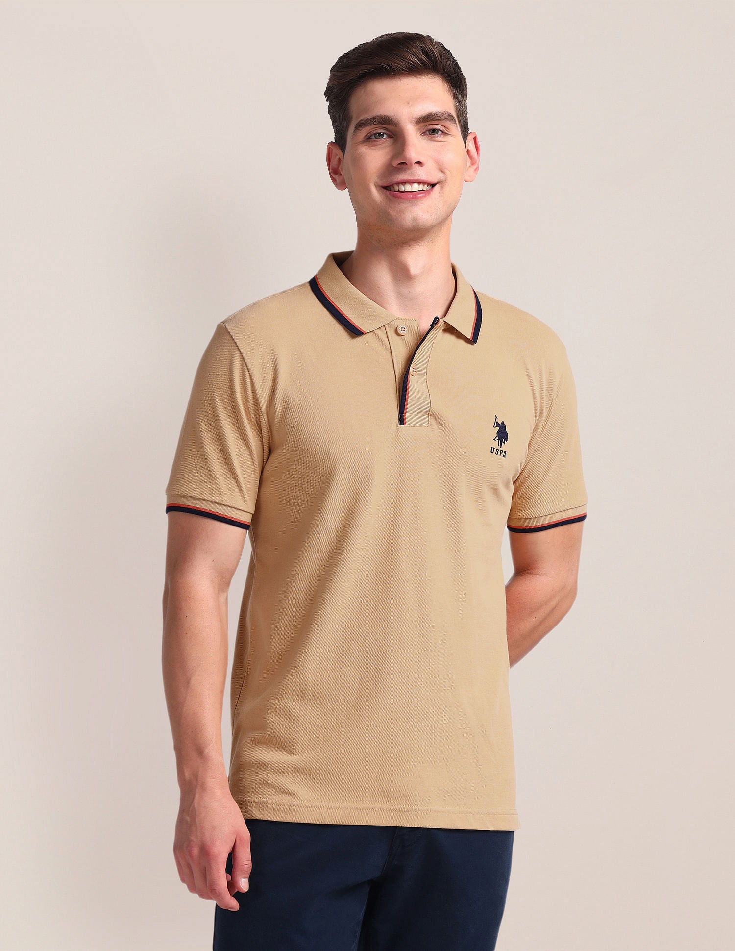 Tipped Collar Slim Polo Shirt Beige - U.S. Polo Assn. India | Large