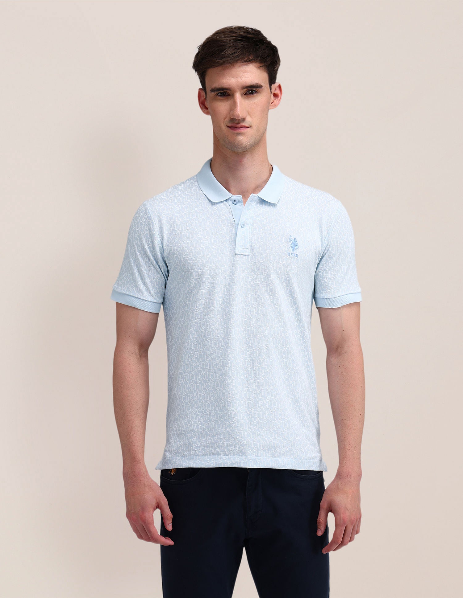 Slim Fit Printed Cotton Polo Shirt Blue - U.S. Polo Assn. India | Large