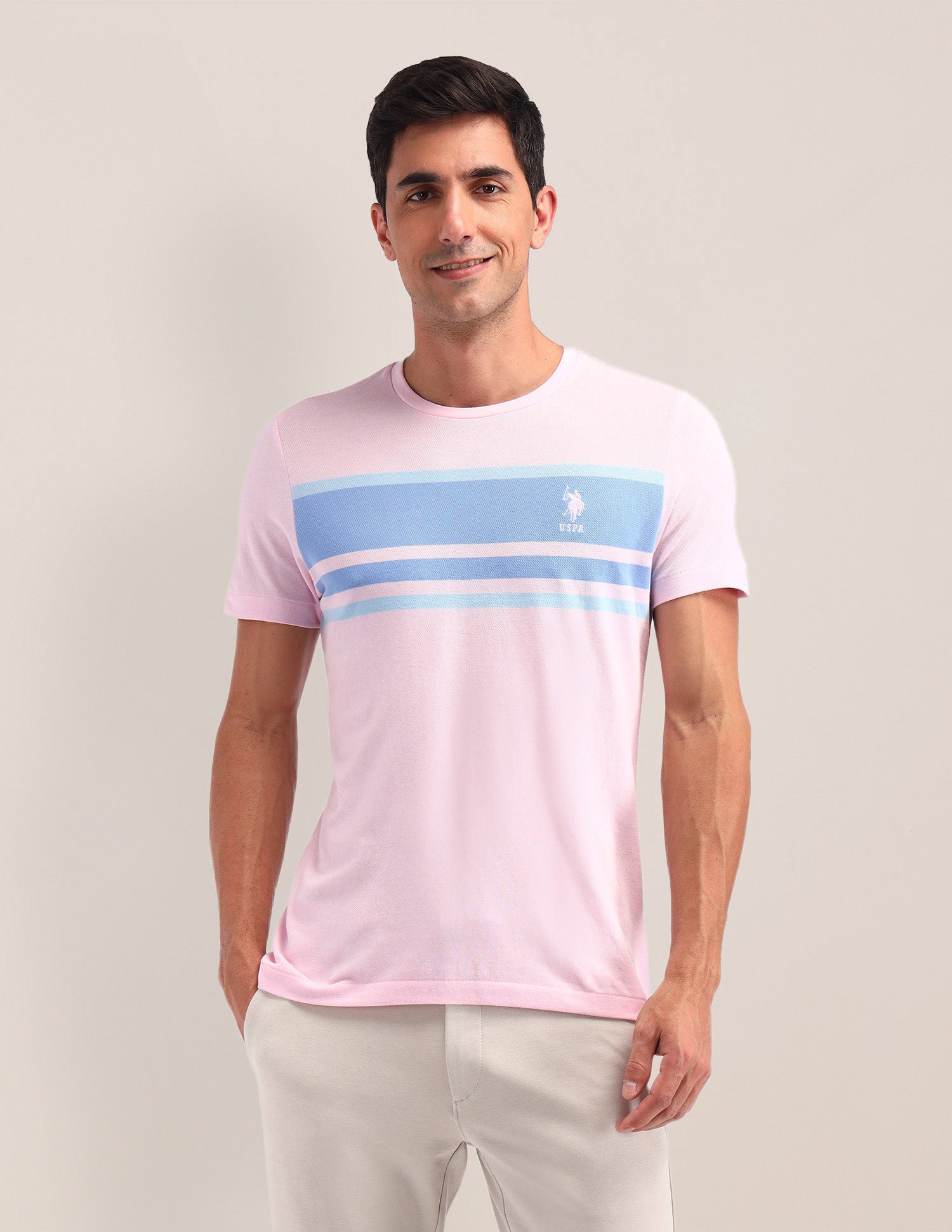 Horizontal Striped Slim Fit T-Shirt Pink - U.S. Polo Assn. India | Large