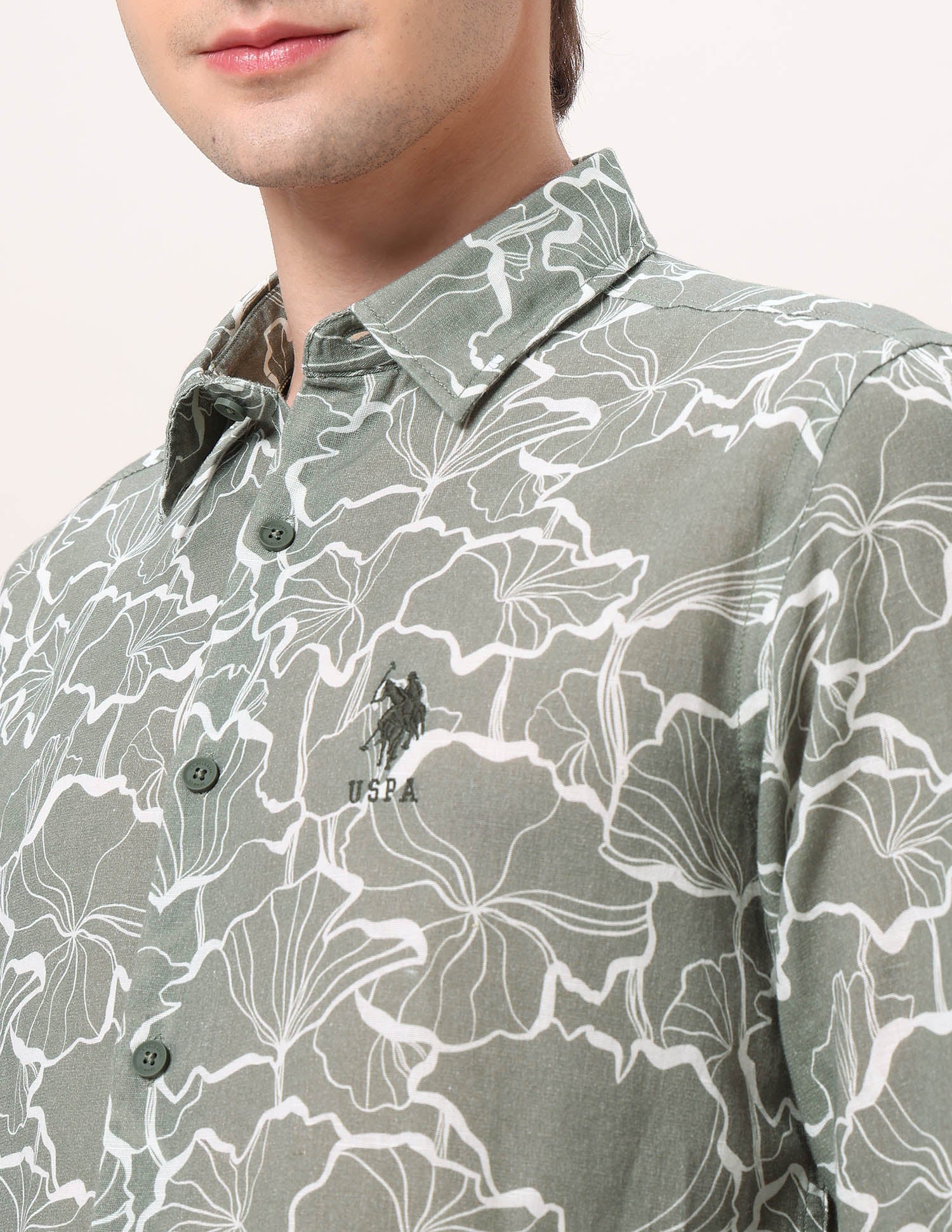 Floral Printed Regular Fit Shirt Light Olive - U.S. Polo Assn. India | Large