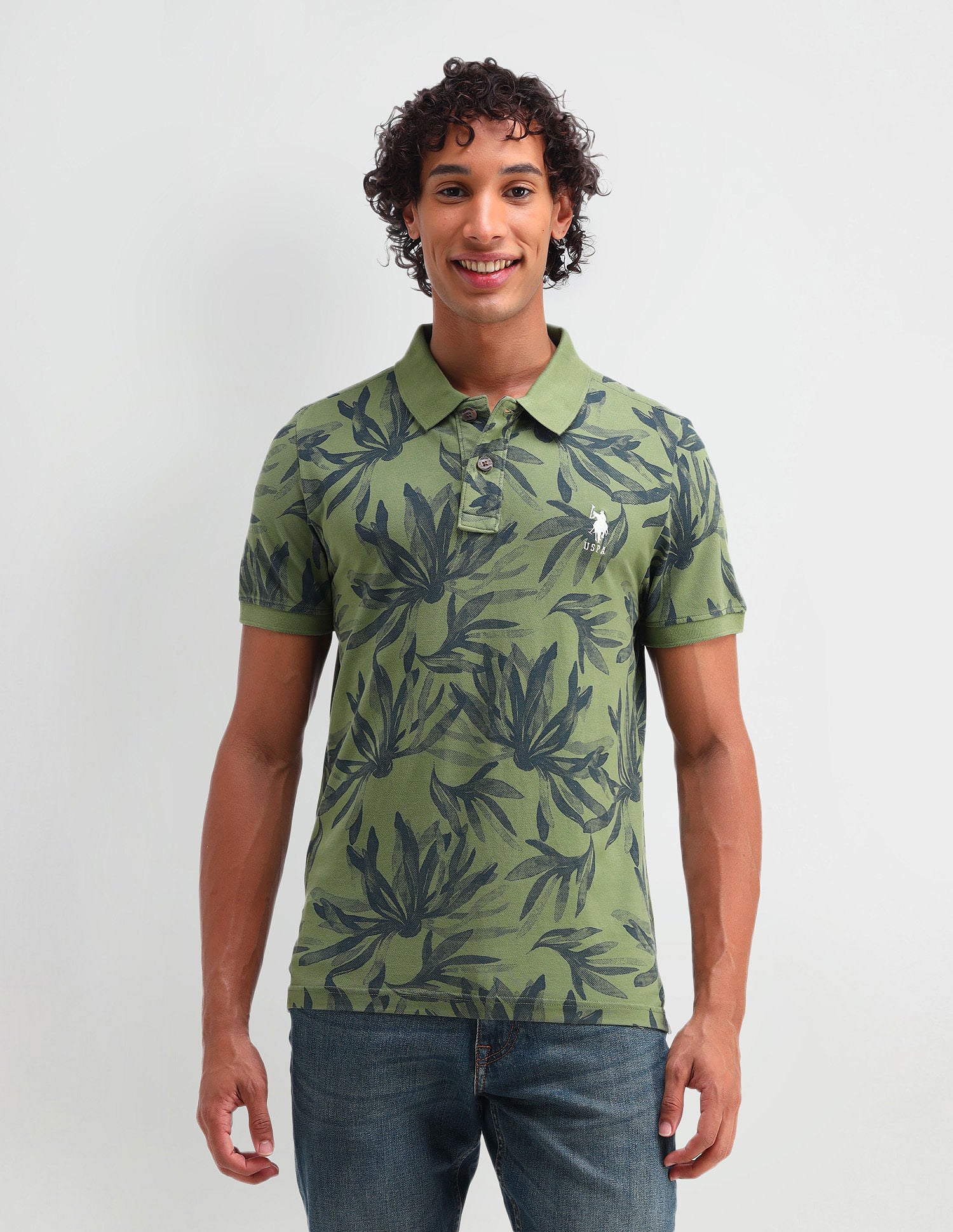 Floral Print Cotton Polo Shirt Green - U.S. POLO ASSN. | Large