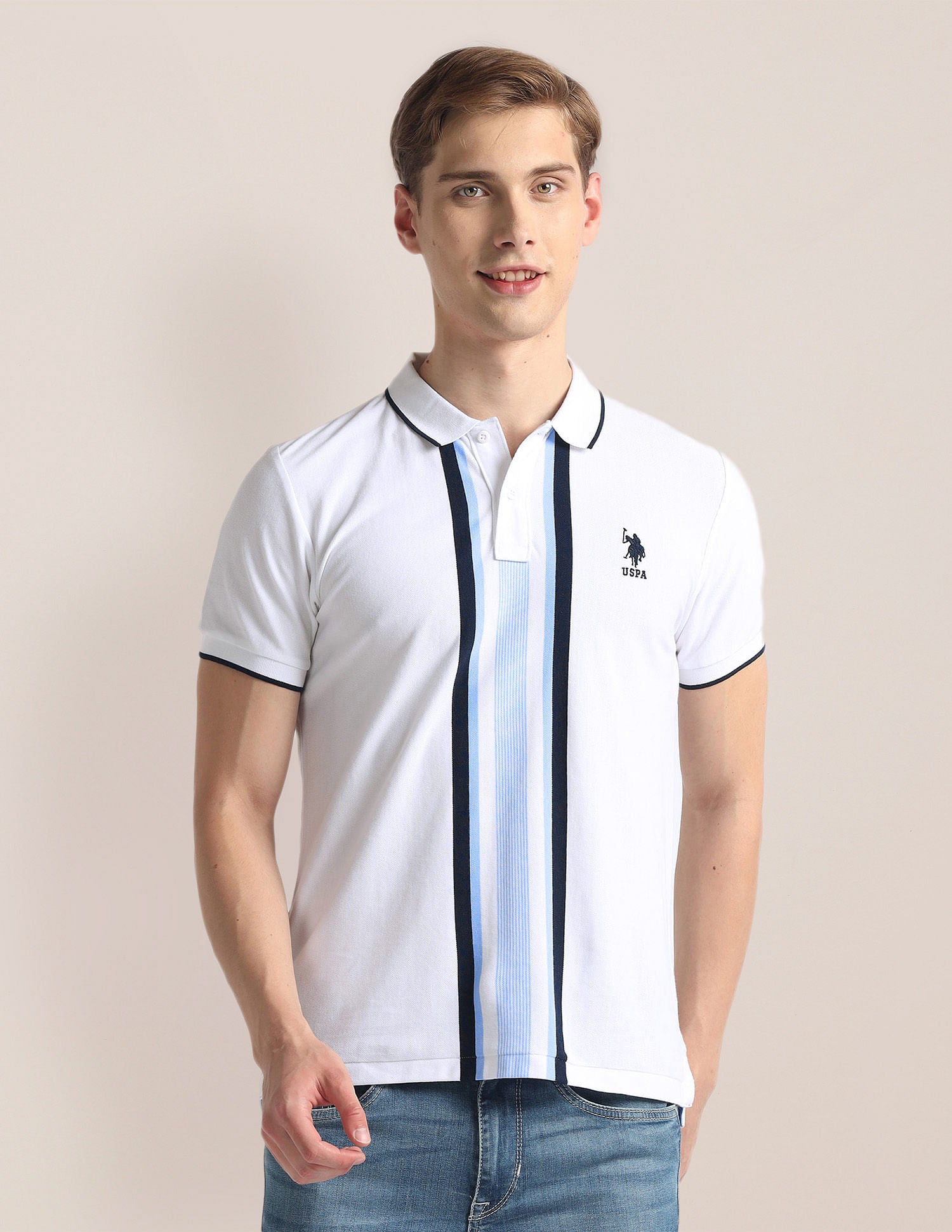 Vertical Stripe Pique Polo Shirt White - U.S. Polo Assn. India | Large