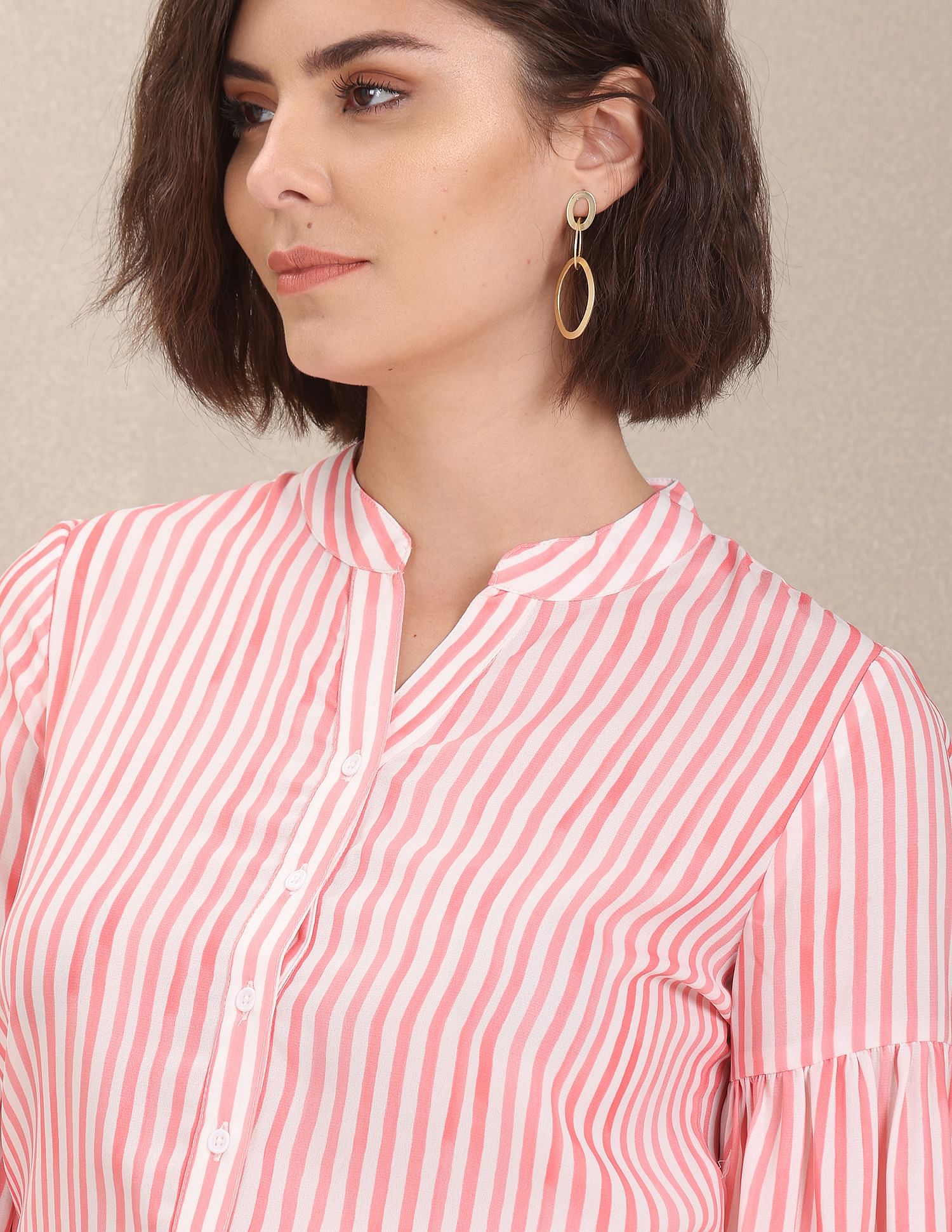 Mandarin Collar Vertical Striped Evening Top White and Pink - U.S. POLO ASSN. | Large