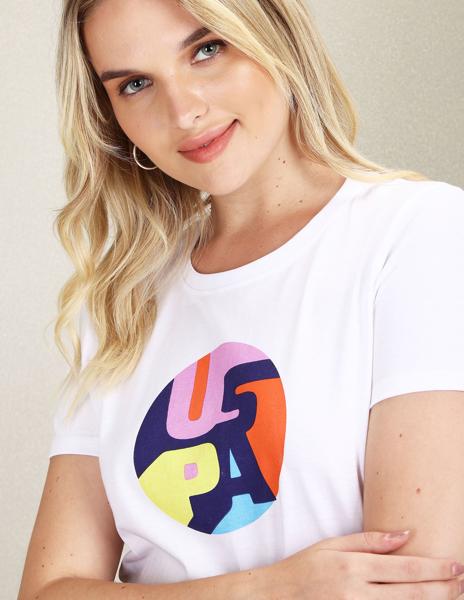 Ribbed Neck Circle Brand Print T-Shirt White - U.S. POLO ASSN. | Large