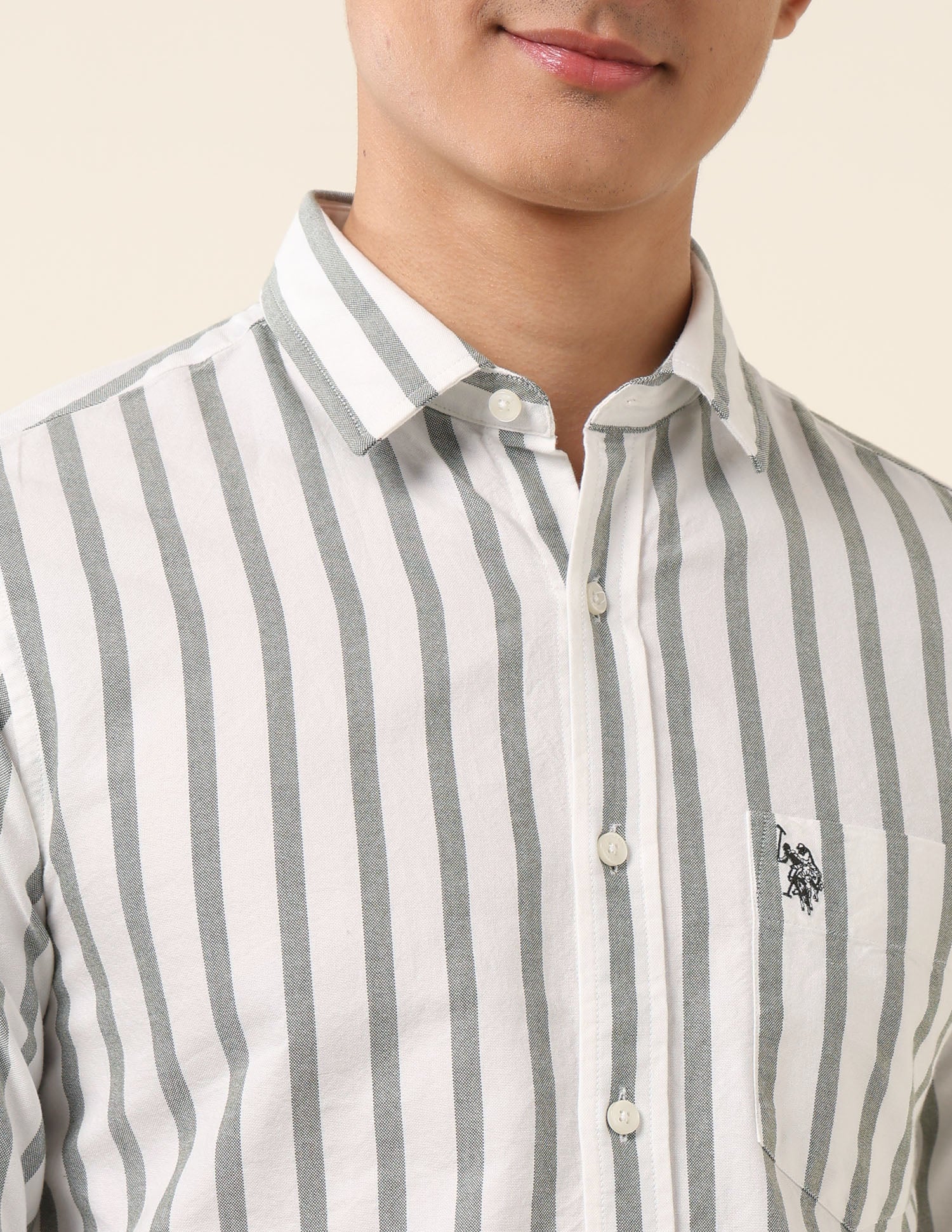 Vertical Striped Pure Cotton Shirt Dark Green - U.S. Polo Assn. India | Large