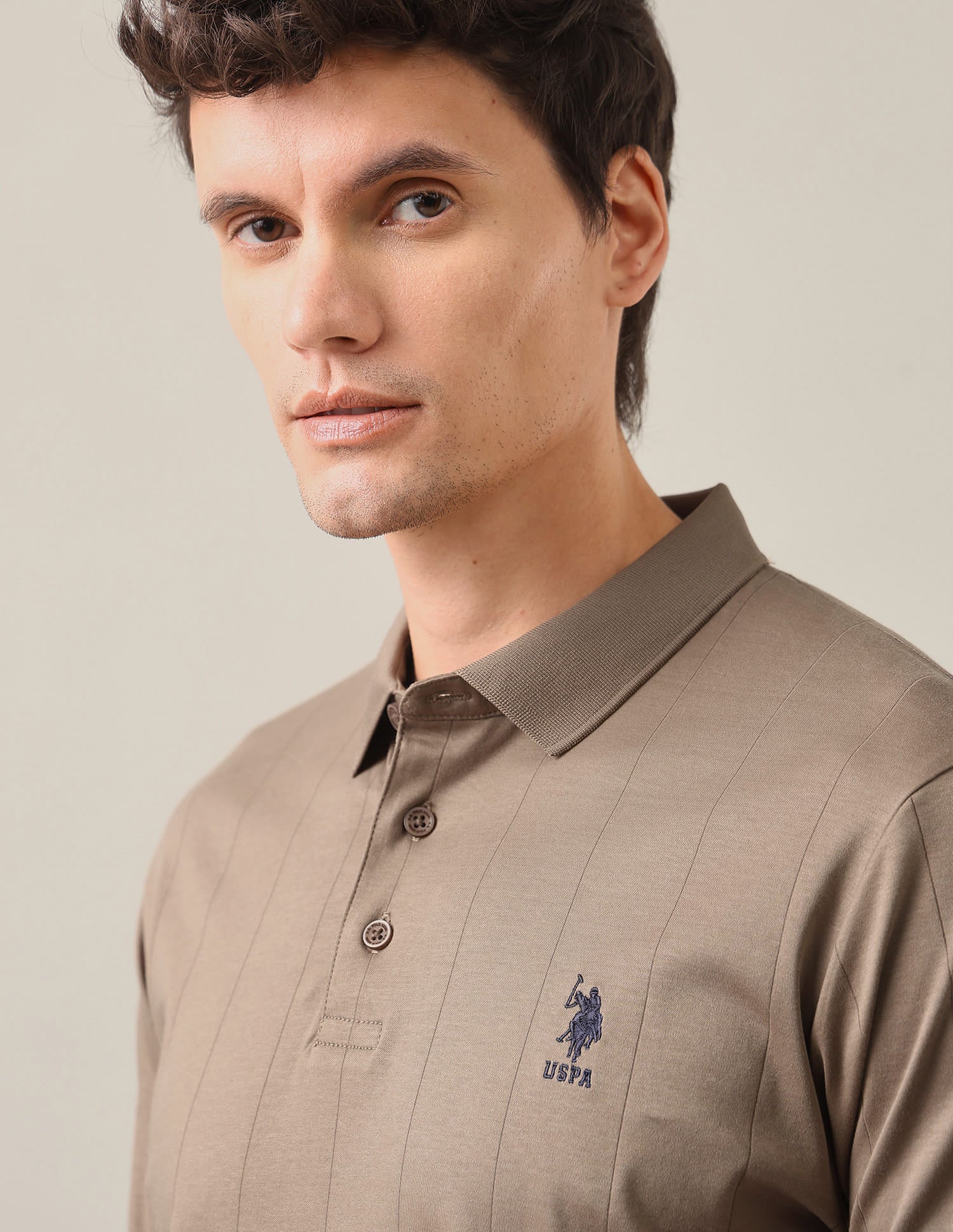 Vertical Striped Patterned Knit Slim Fit Polo Shirt Brown - U.S. Polo Assn. India | Large