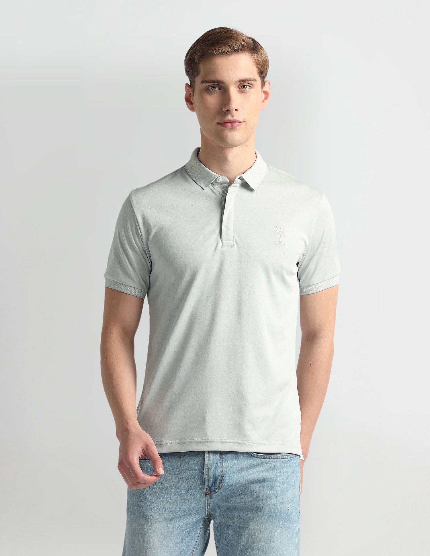 Ribbed Collar Solid Polo Shirt Grey - U.S. Polo Assn. India | Large