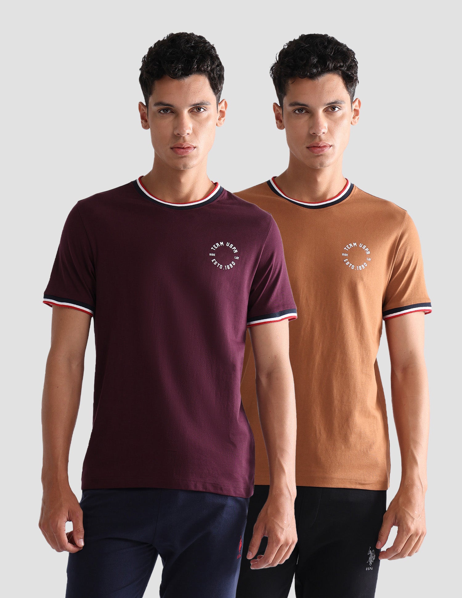 Comfort Fit Pure Cotton OEE01 Lounge T-Shirt - Pack Of 2 Earthy Brown and Dark Wine - U.S. POLO ASSN. | Large