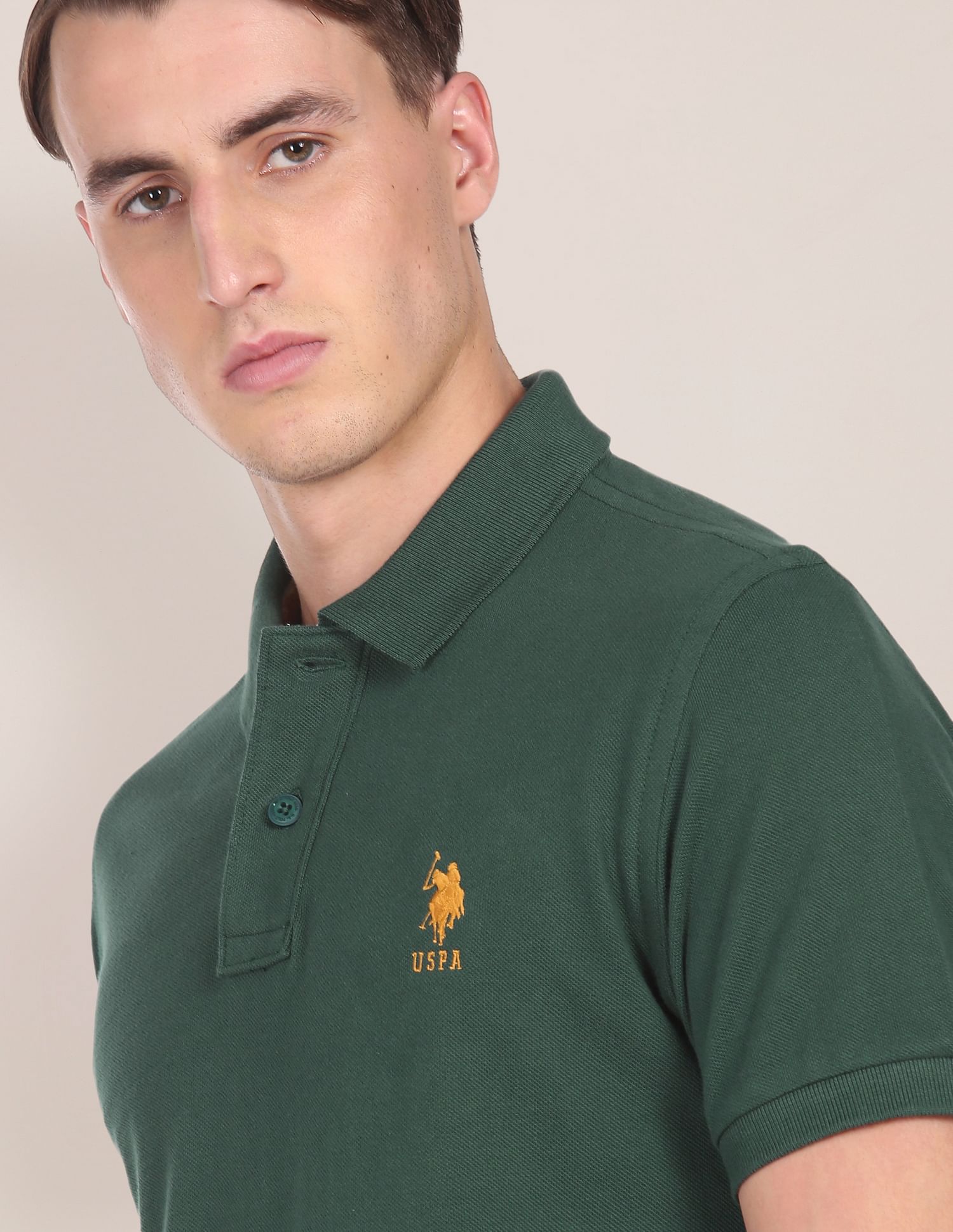 Ribbed Collar Solid Polo Shirt Dark Green - U.S. POLO ASSN. | Large