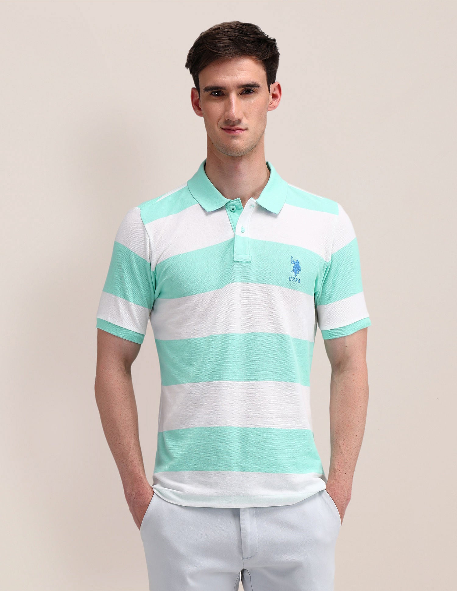 Slim Fit Horizontal Striped Polo Shirt Mint - U.S. Polo Assn. India | Large