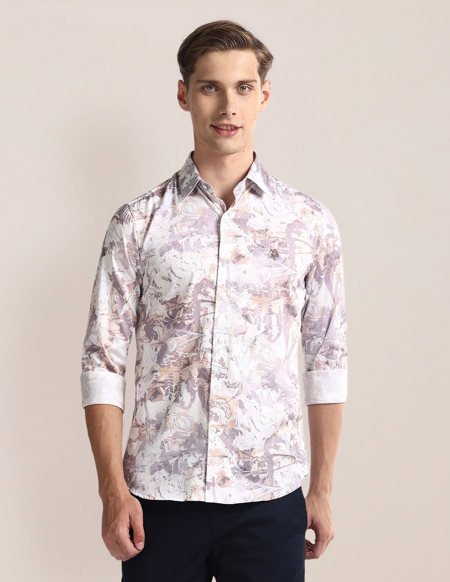 Floral Print Tailored Fit Shirt Khaki and White - U.S. Polo Assn. India | Large