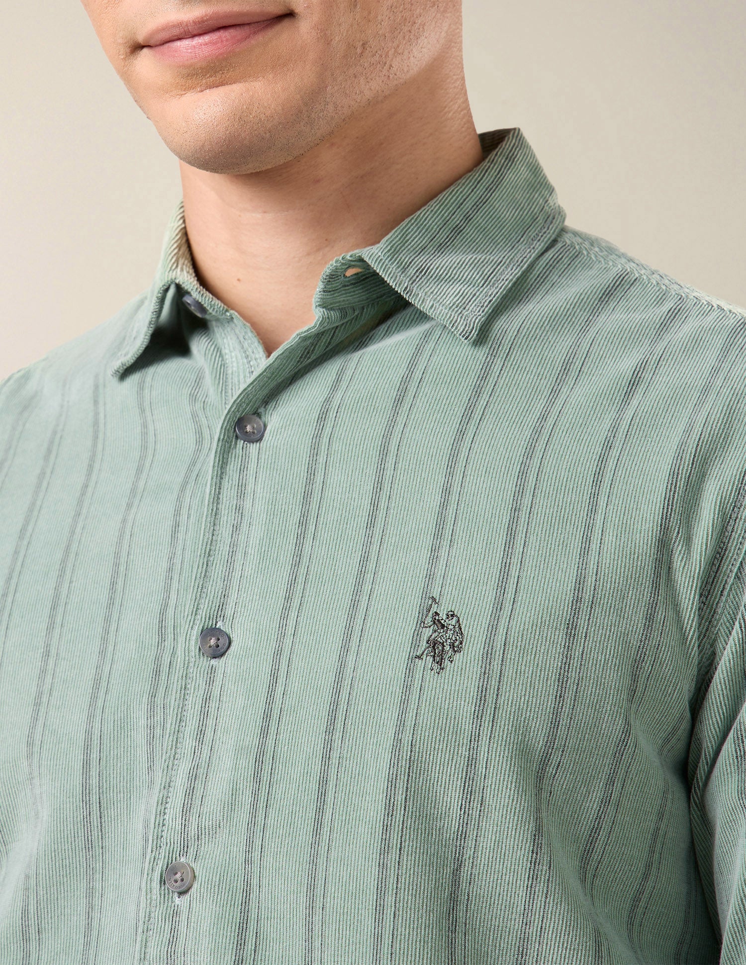 Vertical Striped Corduroy Shirt Light Green - U.S. Polo Assn. India | Large