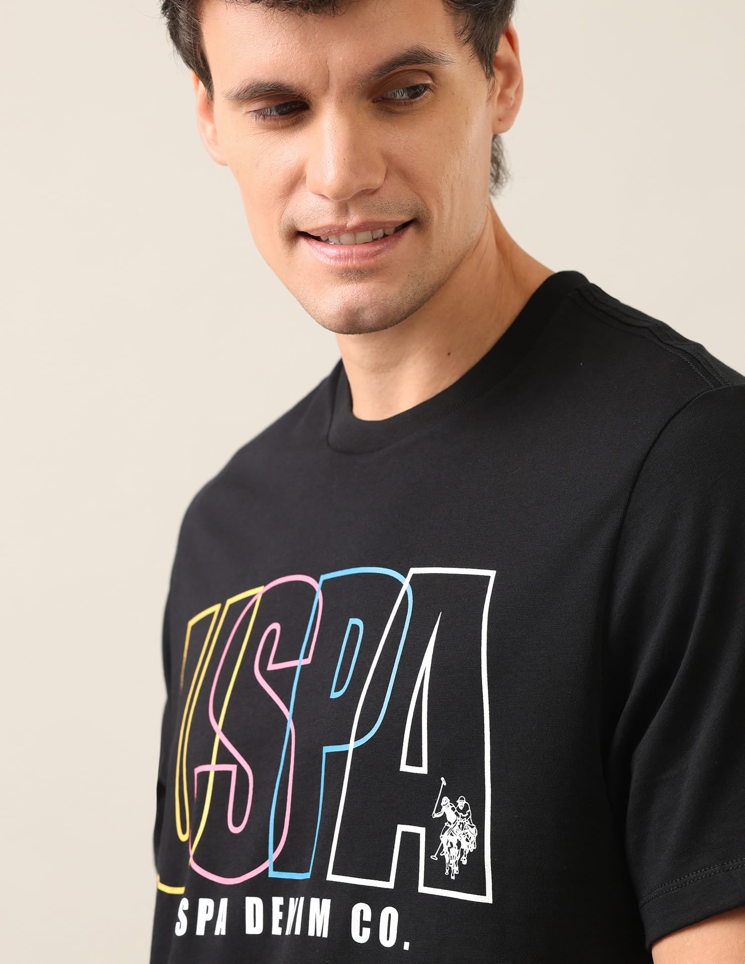 Typographic Brand Printed Relaxed Fit T-Shirt Black - U.S. Polo Assn. India | Large