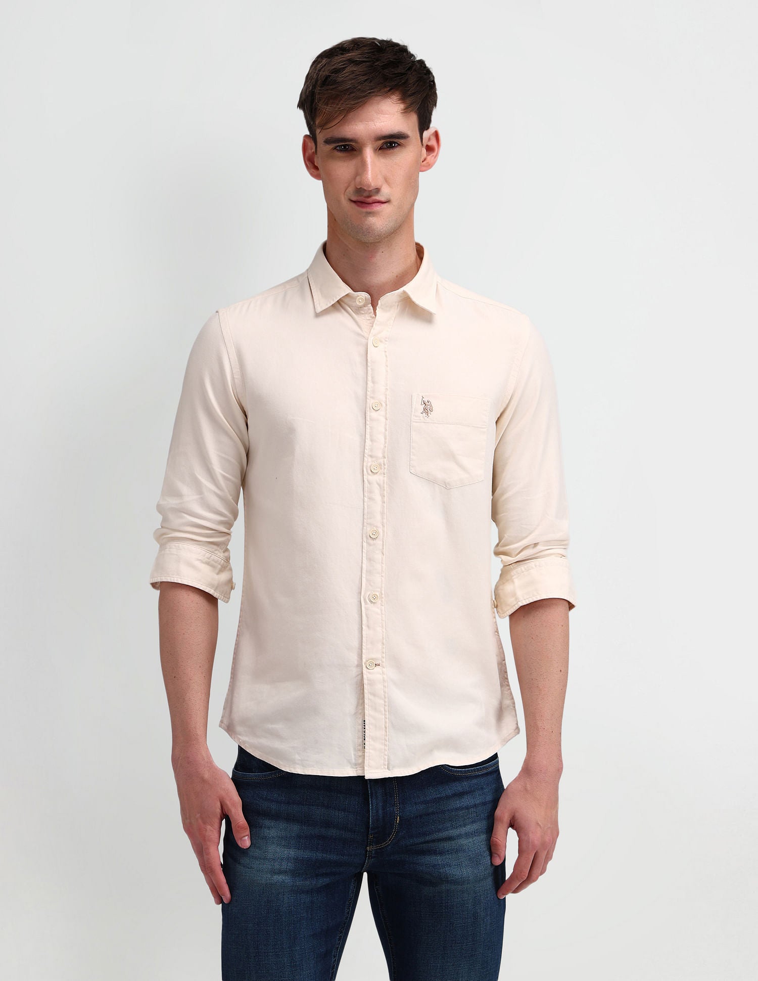 Slim Fit Solid Shirt Off-White - U.S. Polo Assn. India | Large