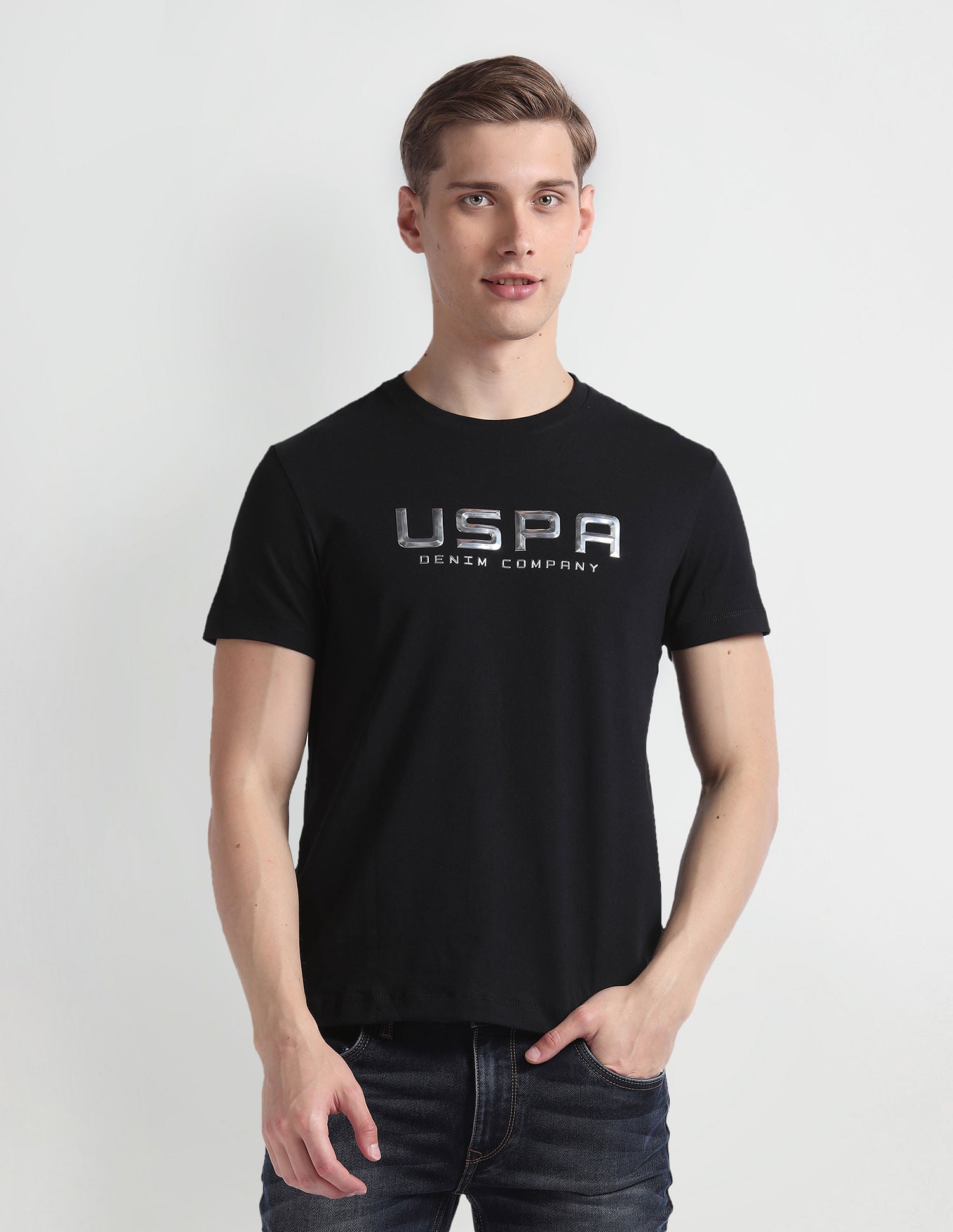 Brand Print Cotton T-Shirt Black - U.S. Polo Assn. India | Large