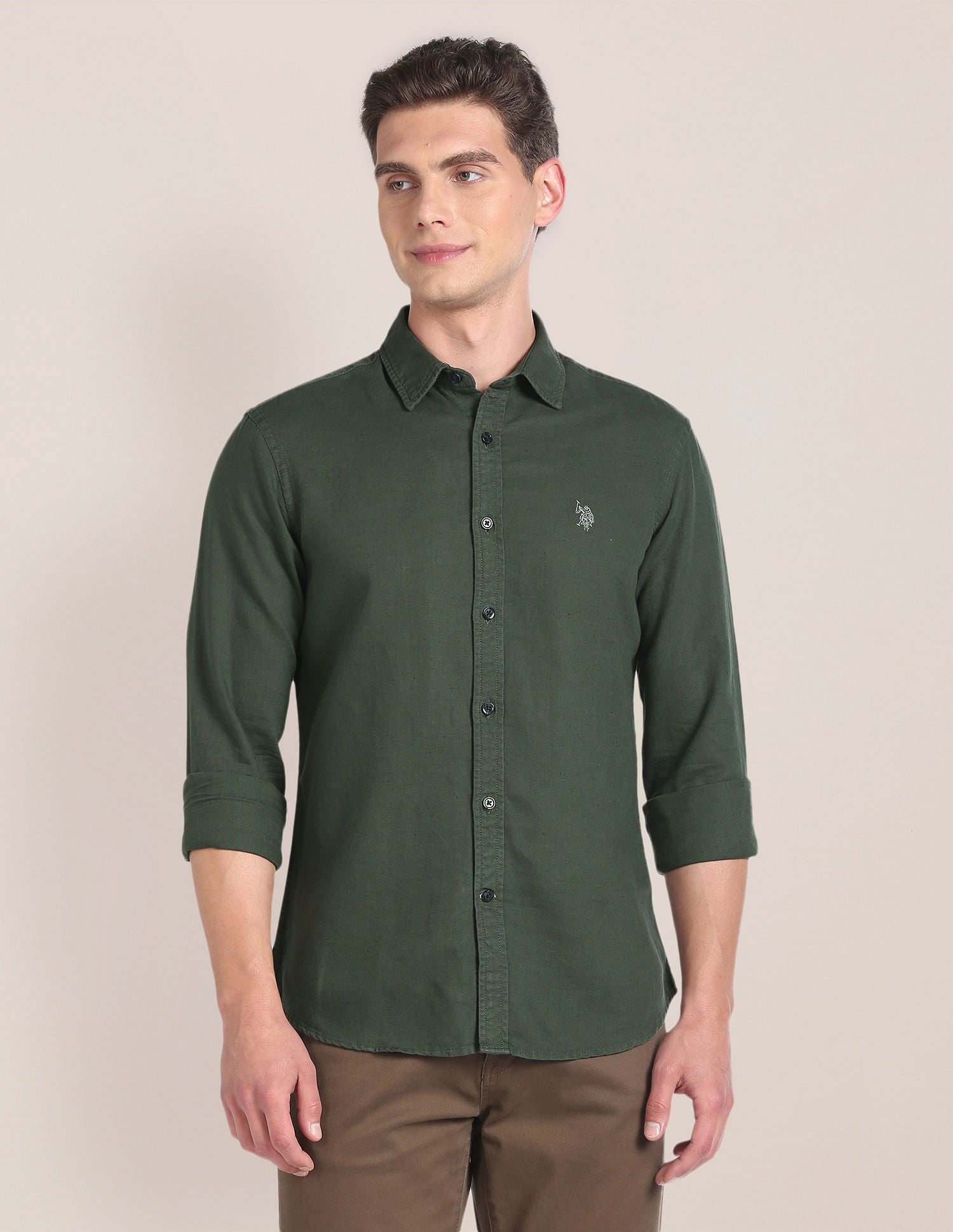 Linen Tailored Fit Shirt Olive - U.S. POLO ASSN. | Large